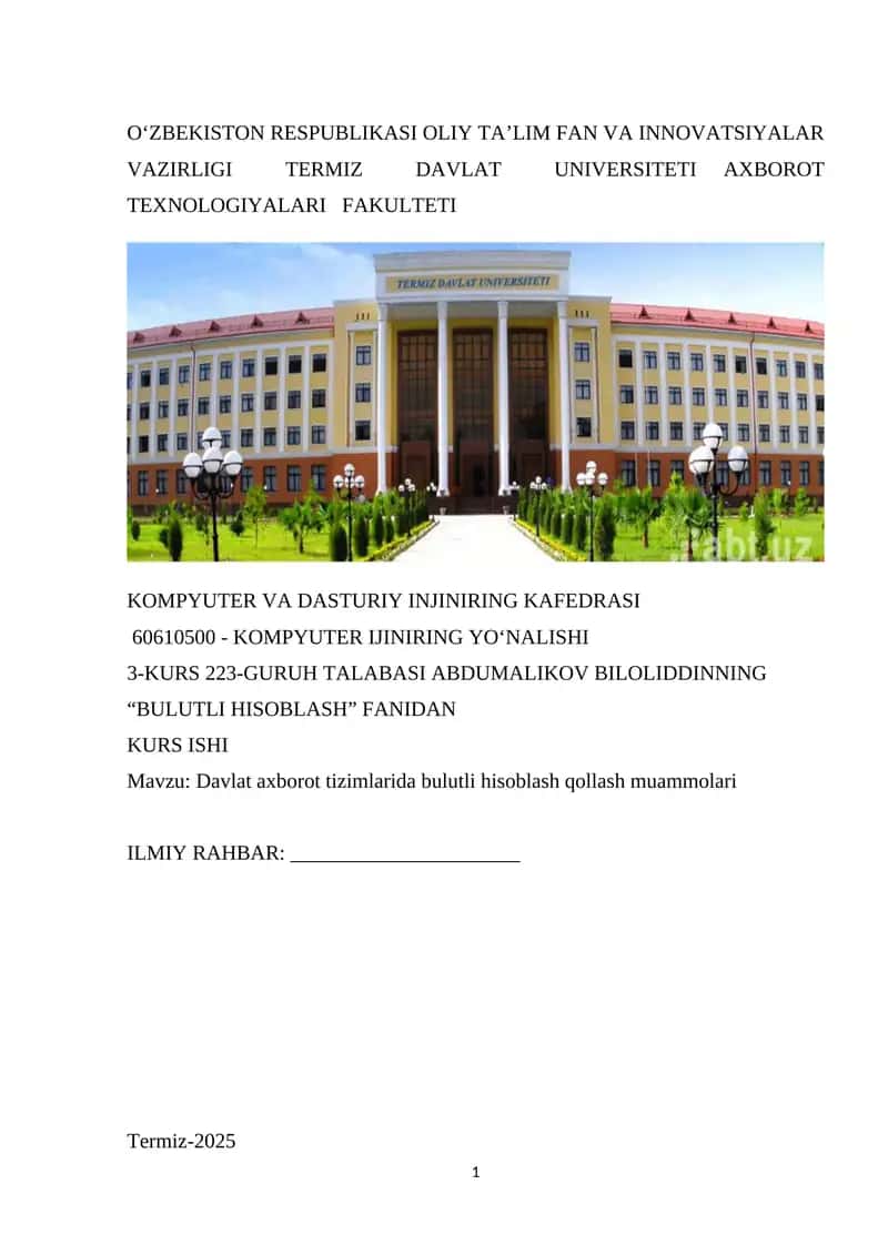 "BULUTLI HISOBLASH" FANIDAN KURS ISHI 1