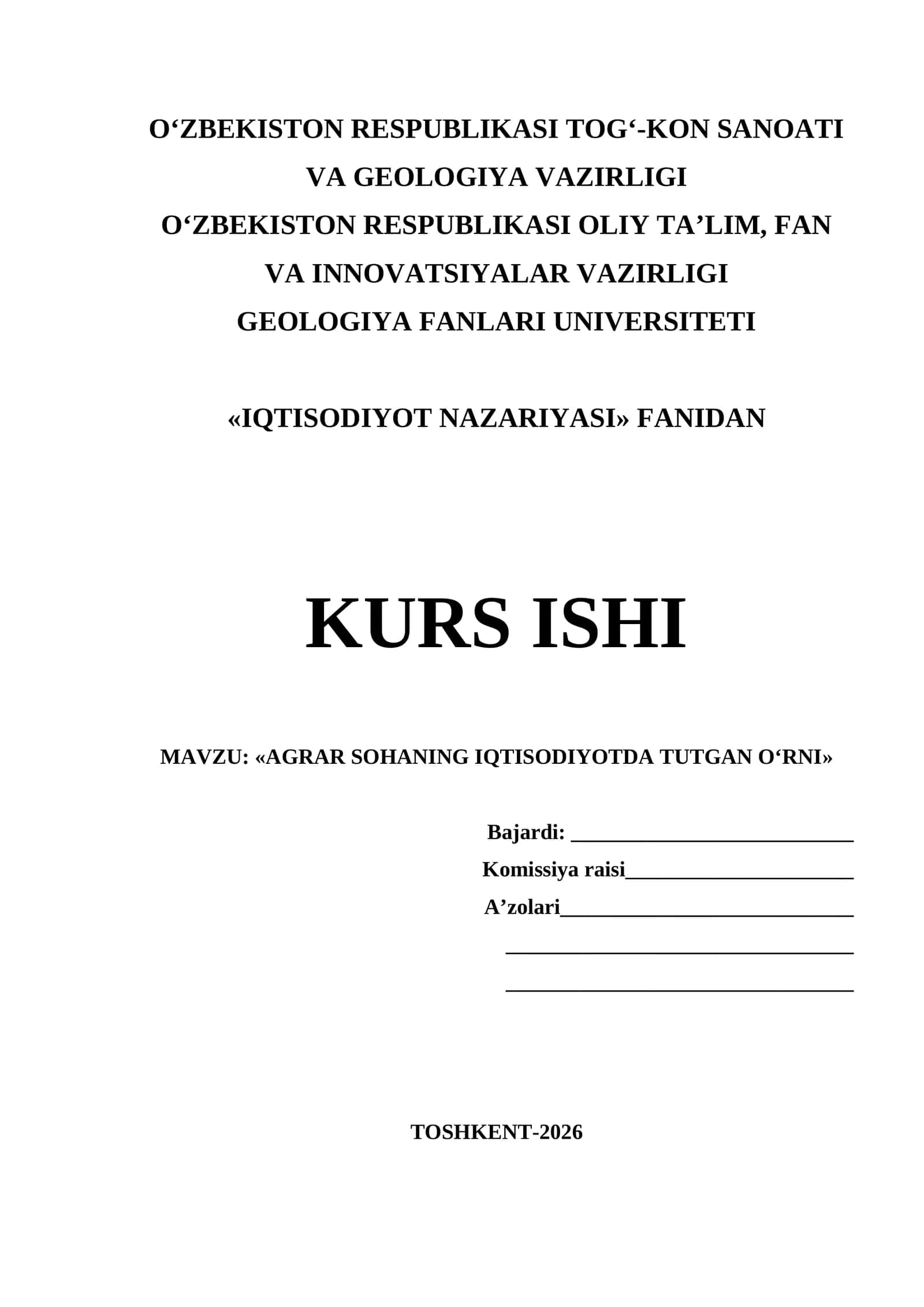 AGRAR SOHANING IQTISODIYOTDA TUTGAN O‘RNI     kurs ishi 1