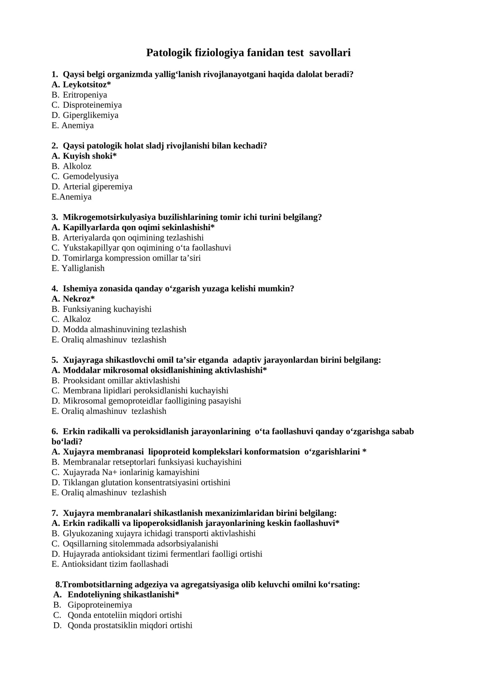 Patologik fiziologiya fanidan test savollari javobi 1
