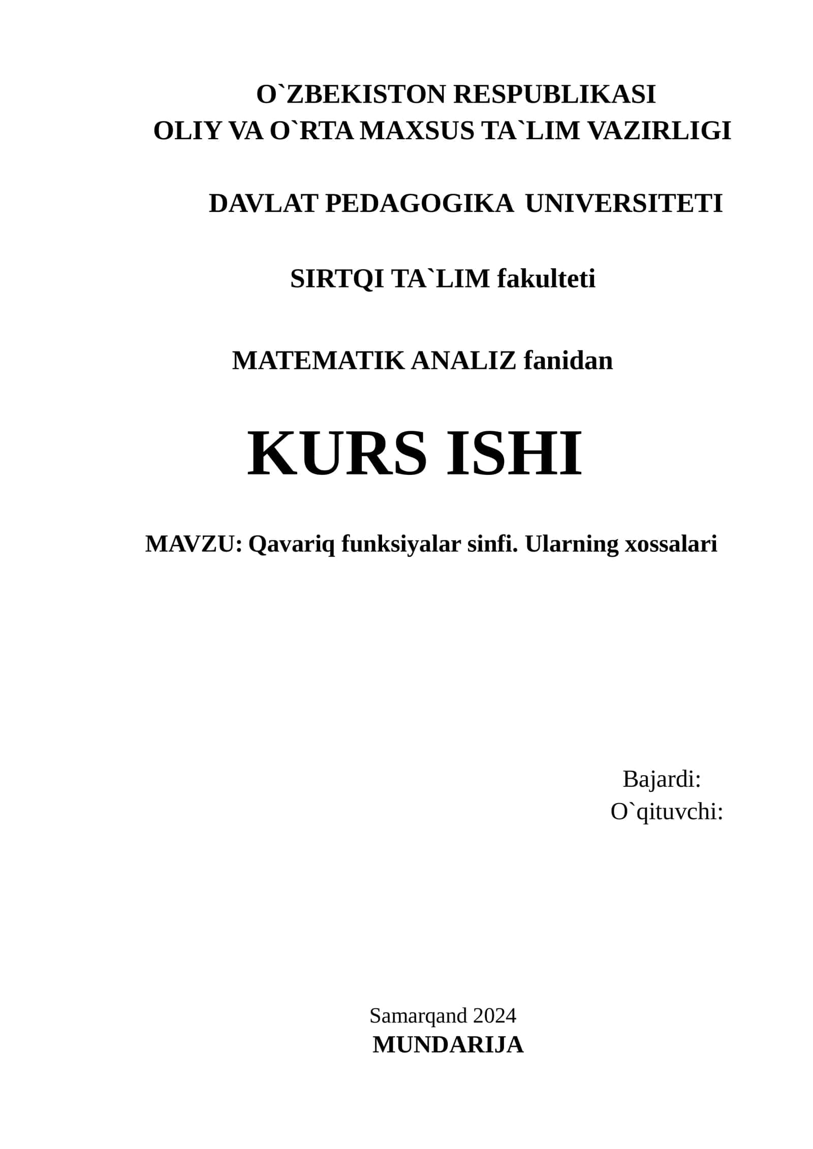 Qavariq funksiyalar sinfi. Ularning xossalari 1