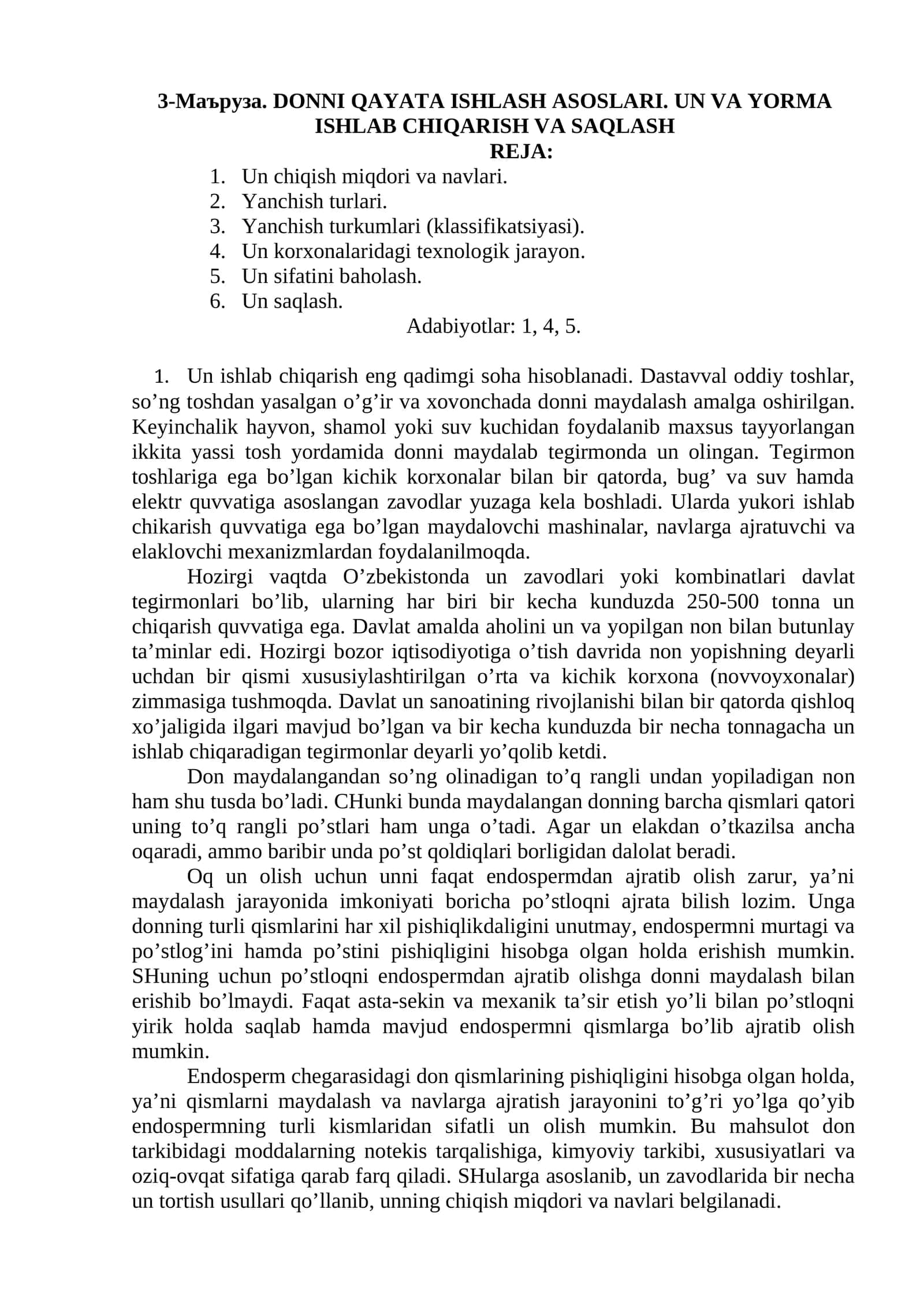 DONNI QAYATA ISHLASH ASOSLARI. UN VA YORMA ISHLAB CHIQARISH VA SAQLASH 1