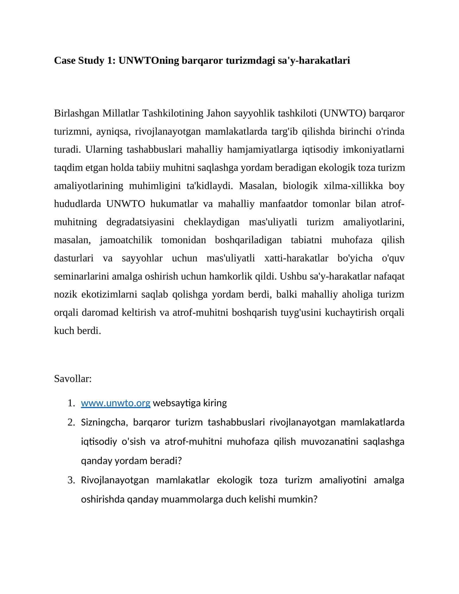UNWTOning barqaror turizmdagi sa'y-harakatlari 1