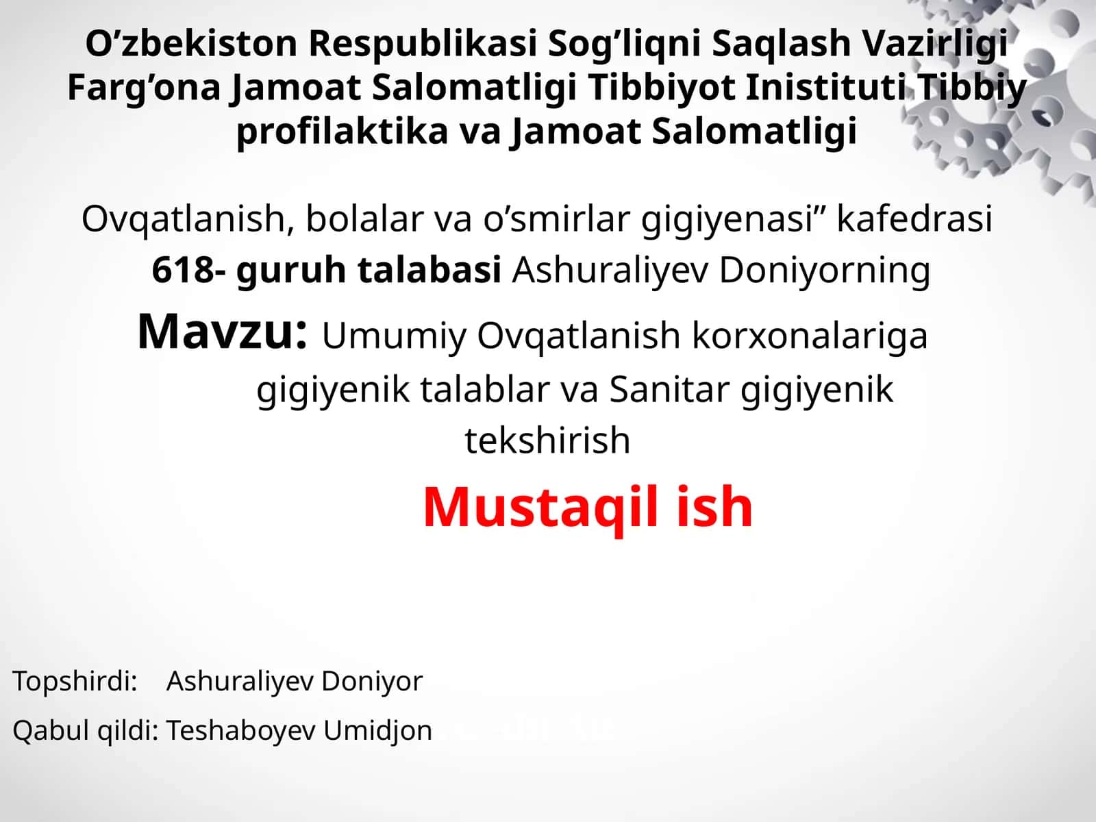 Umumiy Ovqatlanish korxonalariga gigiyenik talablar va Sanitar gigiyenik tekshirish 1