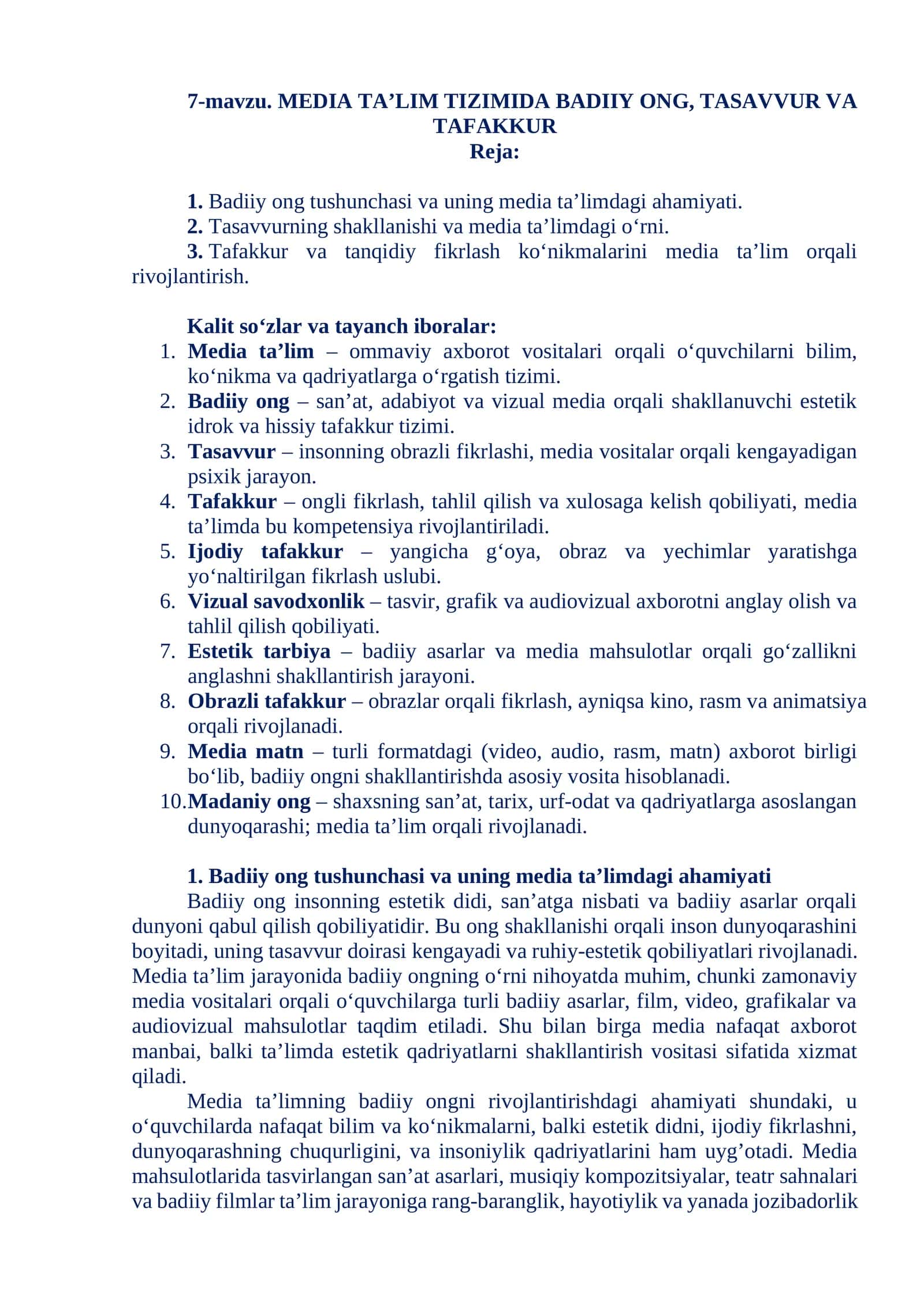 MEDIA TA’LIM TIZIMIDA BADIIY ONG, TASAVVUR VA TAFAKKUR 1