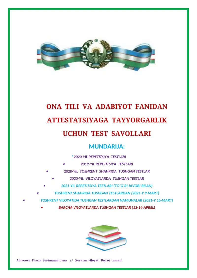 ONA TILI VA ADABIYOT FANIDAN ATTESTATSIYAGA TAYYORGARLIK UCHUN TEST SAVOLLARI 1