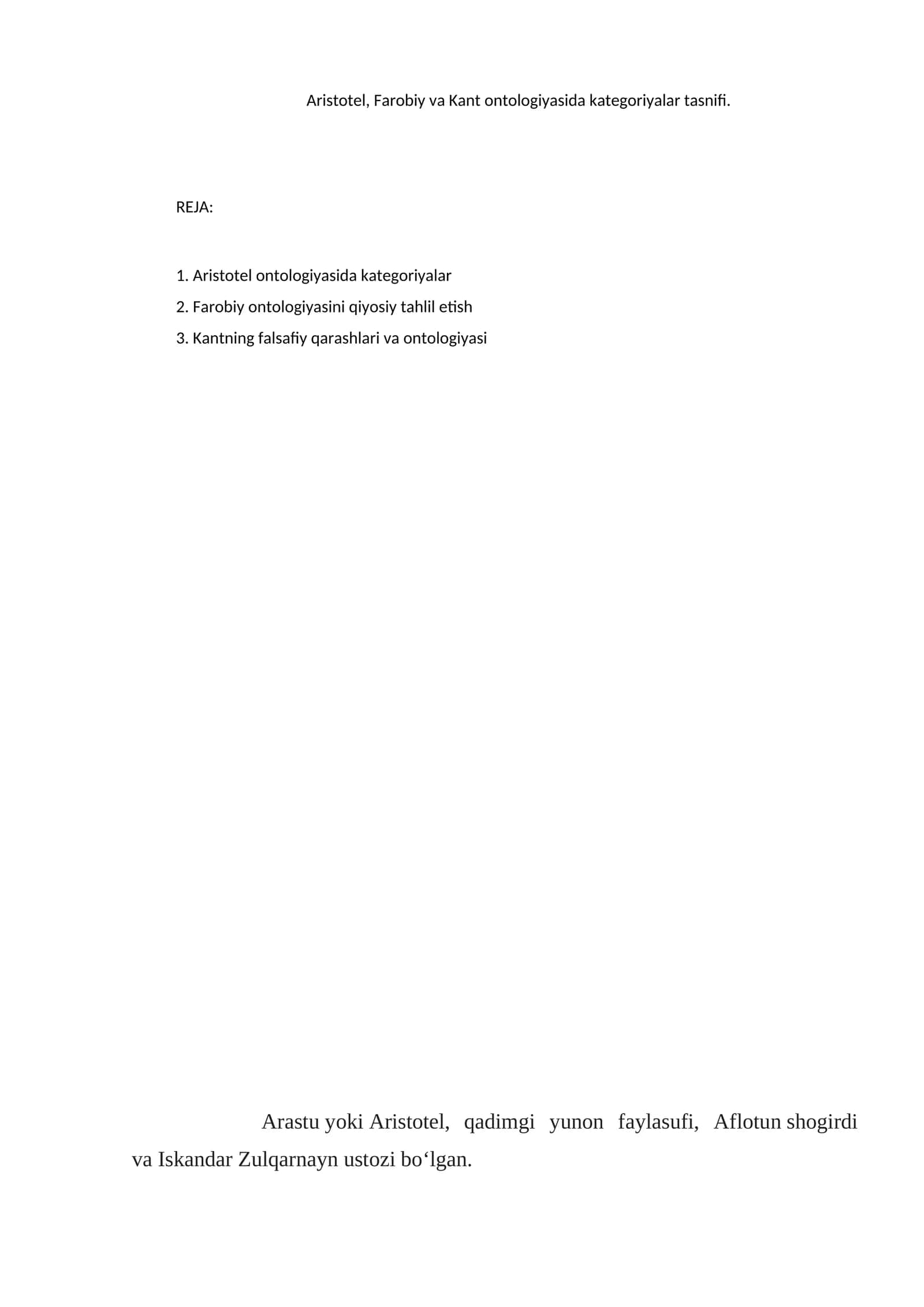 Aristotel, Farobiy va Kant ontologiyasida kategoriyalar tasnifi 1
