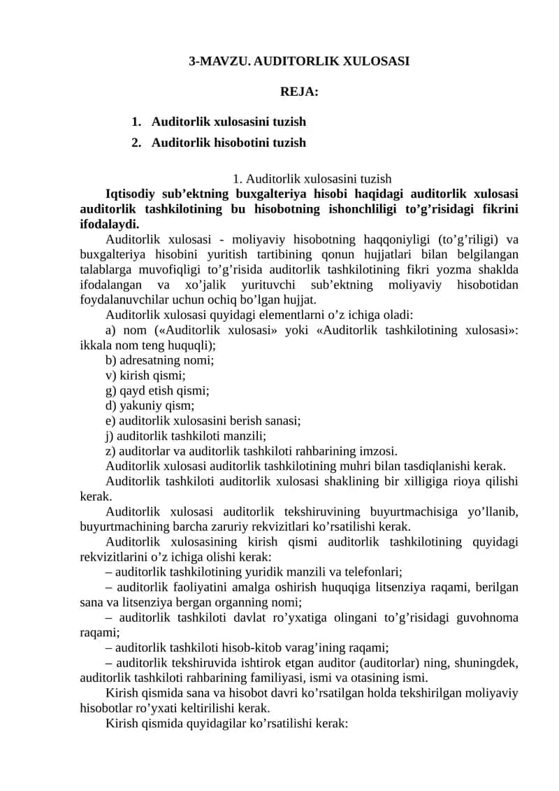 MAVZU. AUDITORLIK XULOSASI 1