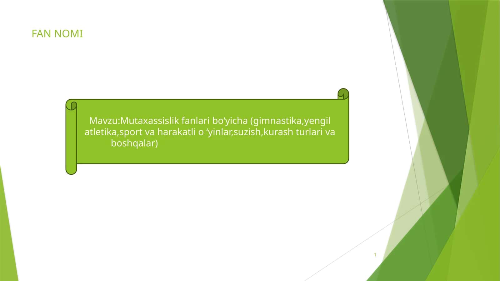 Mutaxassislik fanlari bo‘yicha (gimnastika, yengil atletika, sport va harakatli o‘yinlar, suzish, kurash turlari va boshqalar) 1