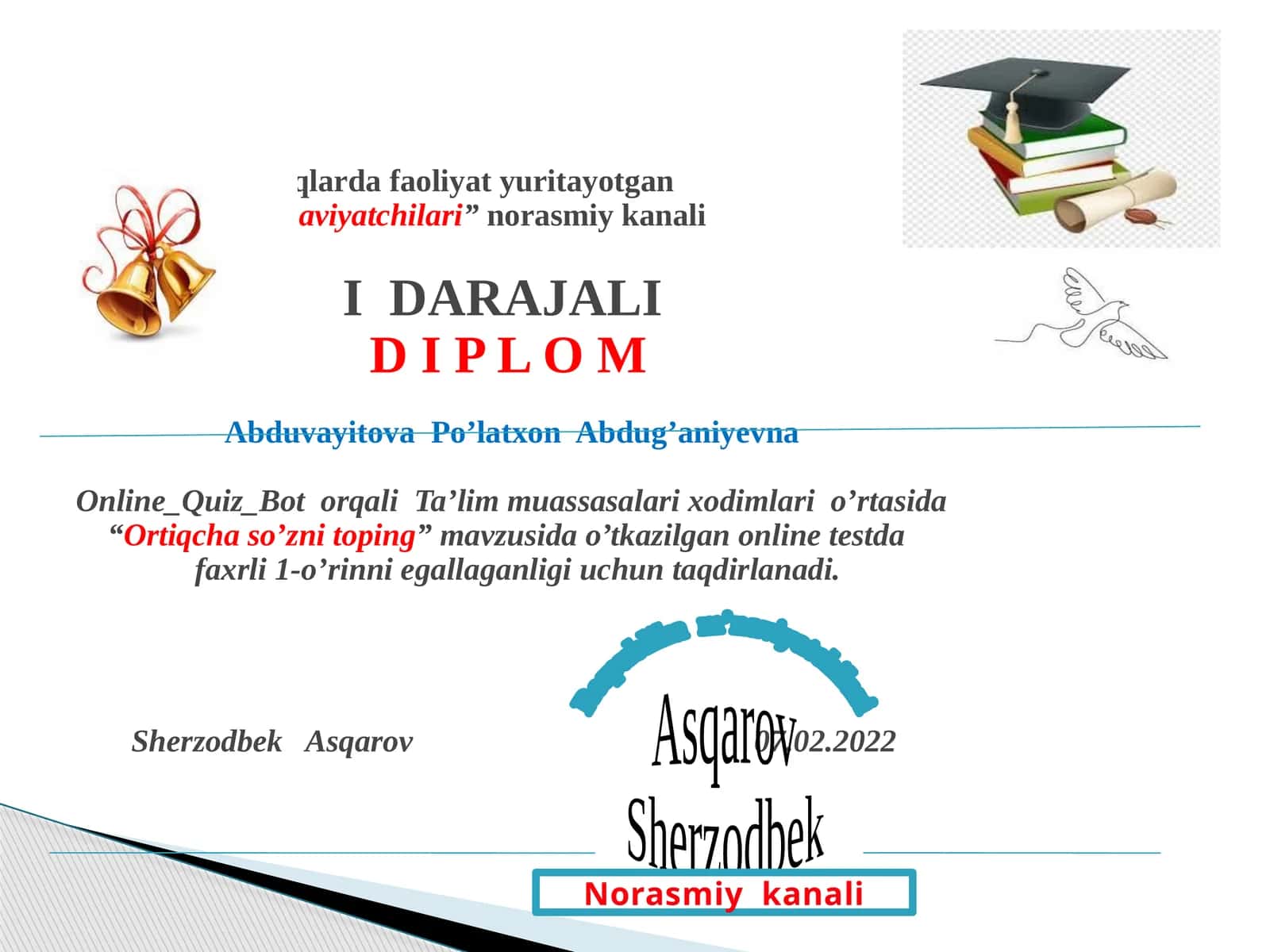 "Ortiqcha so‘zni toping" mavzusida o‘tkazilgan onlinetest 1