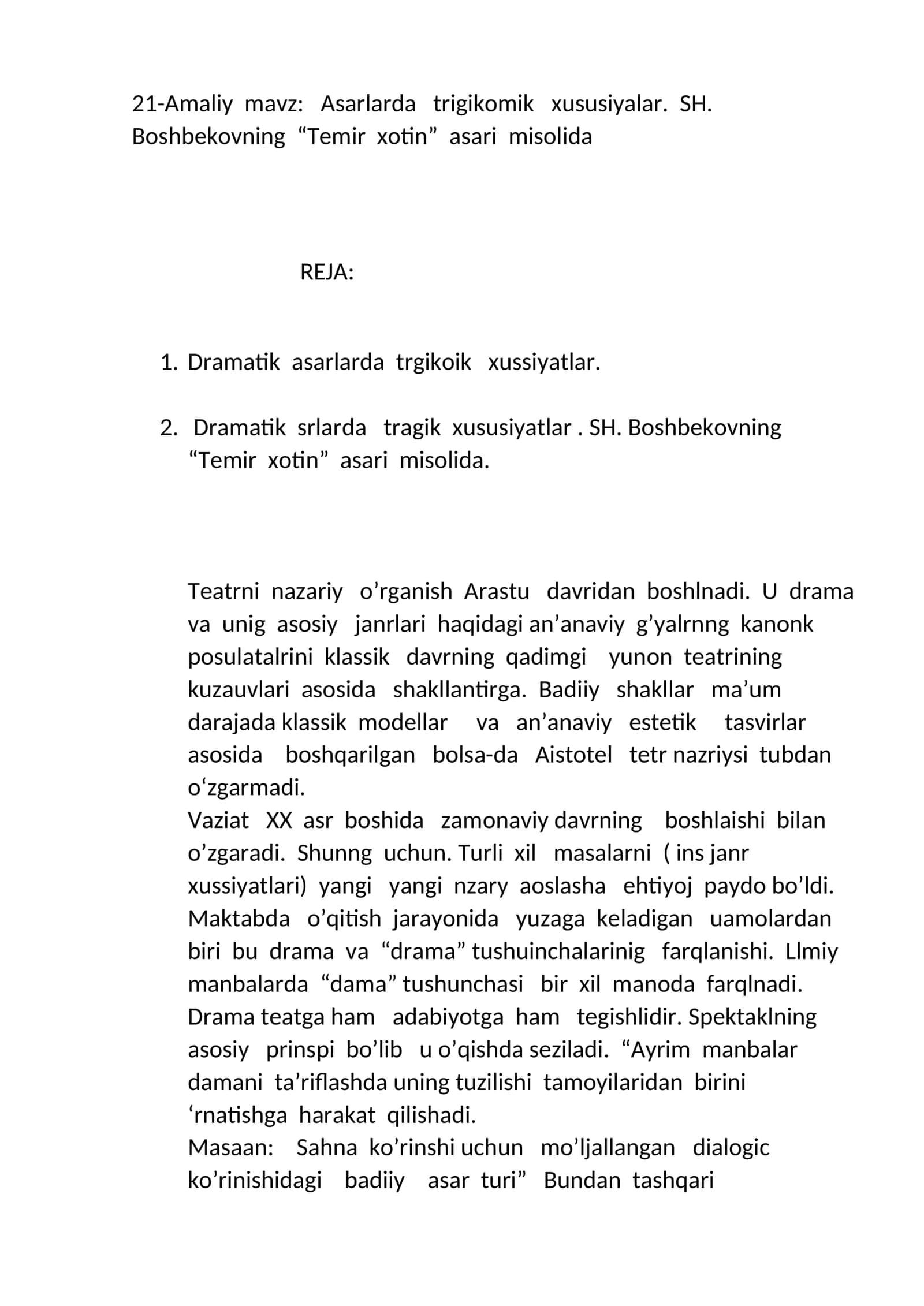 Asarlarda trigikomik xususiyalar. SH. Boshbekovning “Temir xotin” asari misolida 1
