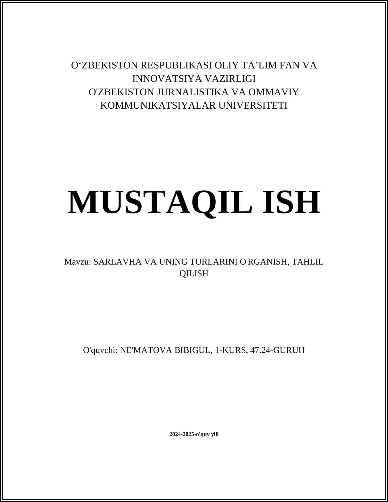 SARLAVHA VA UNING TURLARINI O'RGANISH, TAHLIL QILISH 1