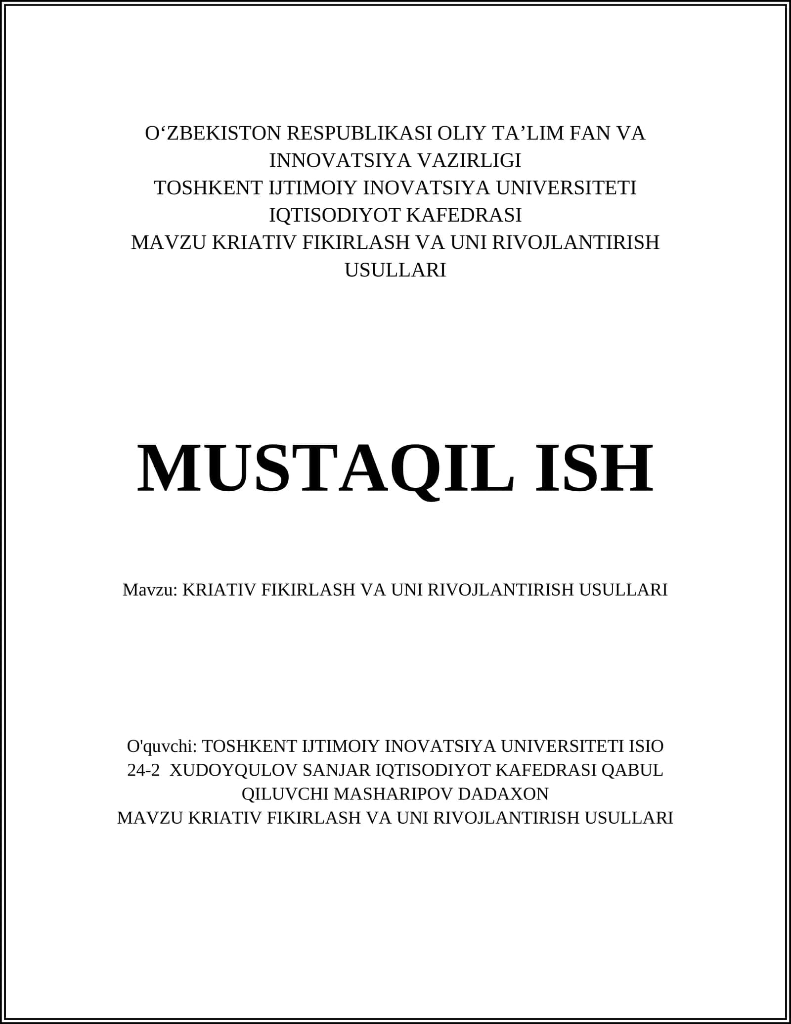 KRIATIV FIKIRLASH VA UNI RIVOJLANTIRISH USULLARI 1