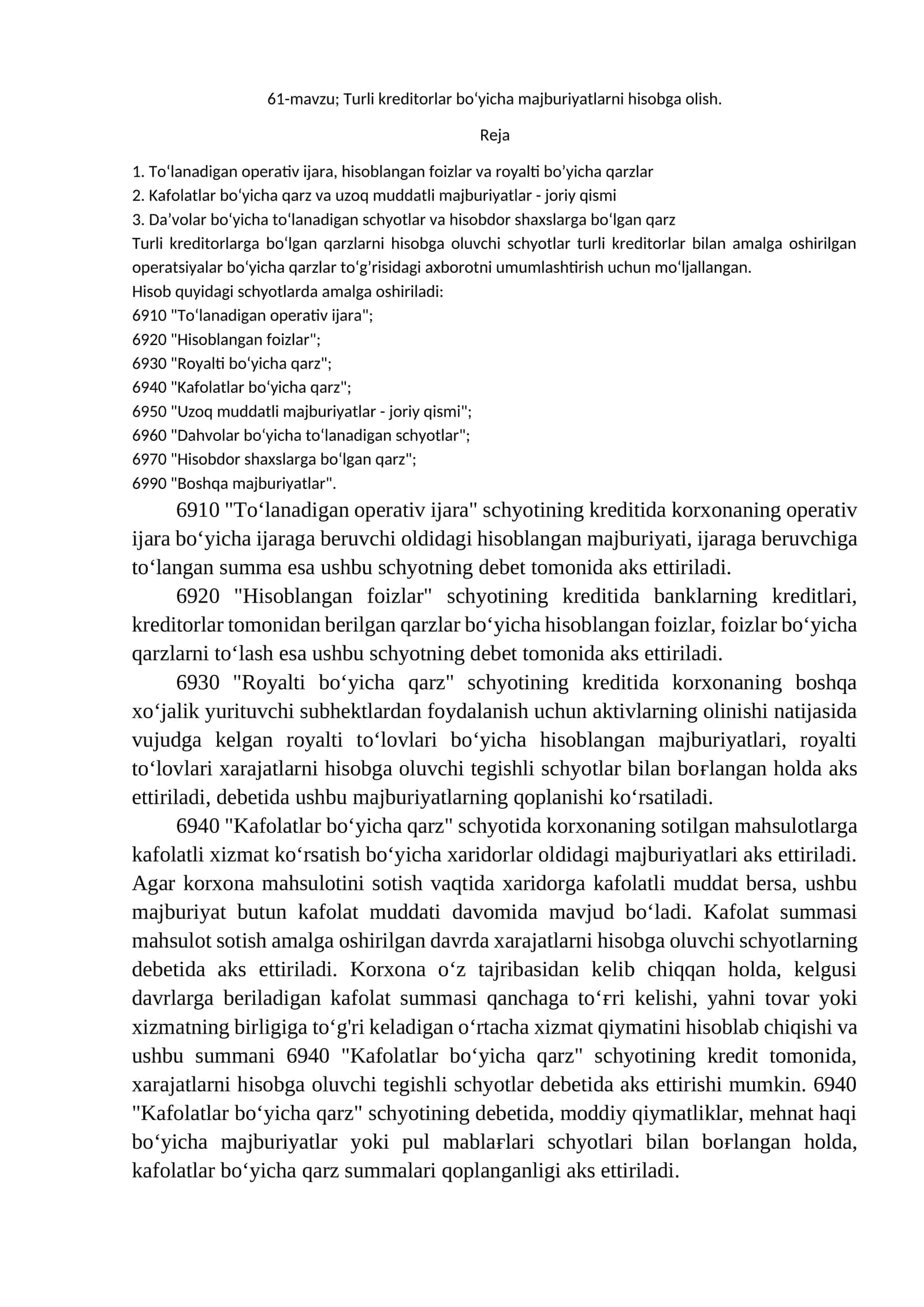 61-mavzu; Turli kreditorlar bo‘yicha majburiyatlarni hisobga olish 1