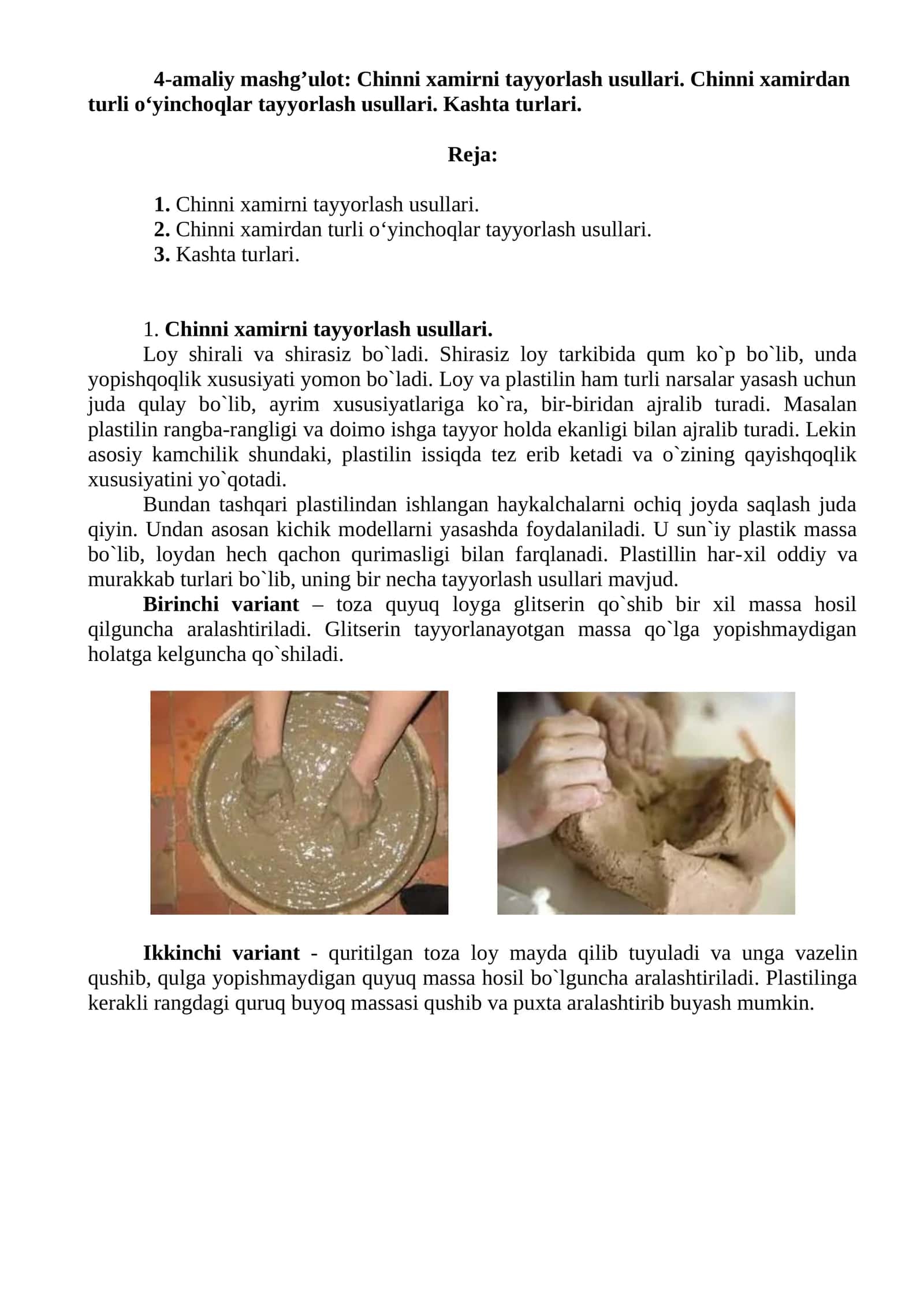 Chinni xamirni tayyorlash usullari. Chinni xamirdan turli o‘yinchoqlar tayyorlash usullari. Kashta turlari 1