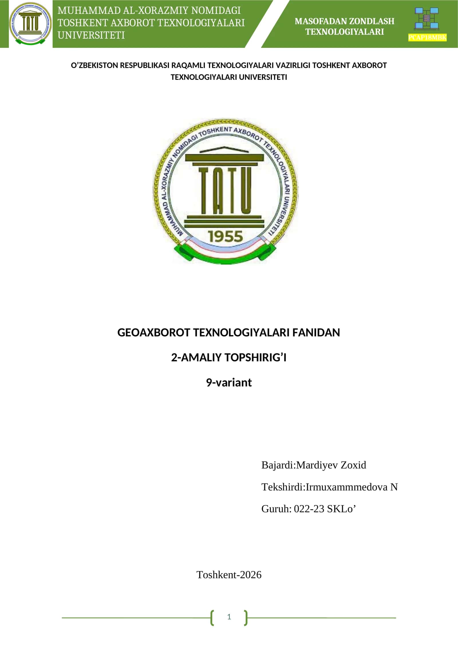 GEOAXBOROT TEXNOLOGIYALARI FANIDAN 1