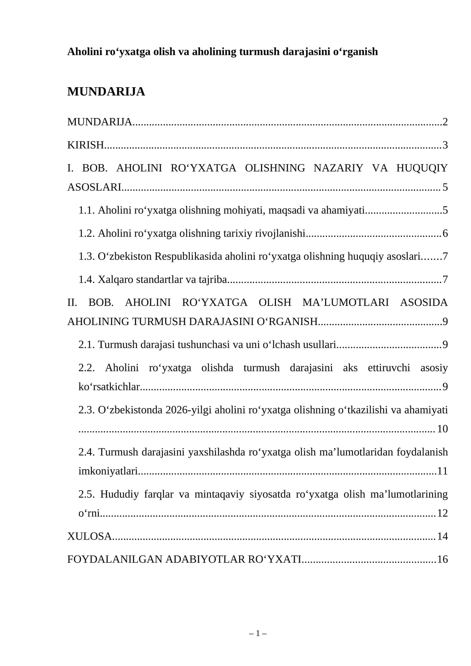 AHOLINI RO‘YXATGA OLISH VA AHOLINING TURMUSH DARAJASINI O‘RGANISH 1