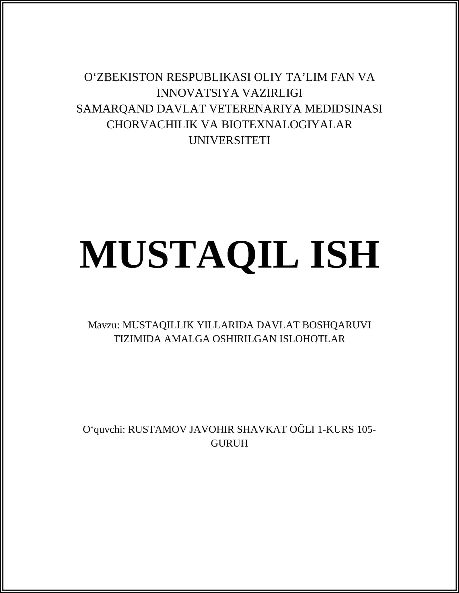 MUSTAQILLIK YILLARIDA DAVLAT BOSHQARUVI TIZIMIDA AMALGA OSHIRILGAN ISLOHOTLAR 1
