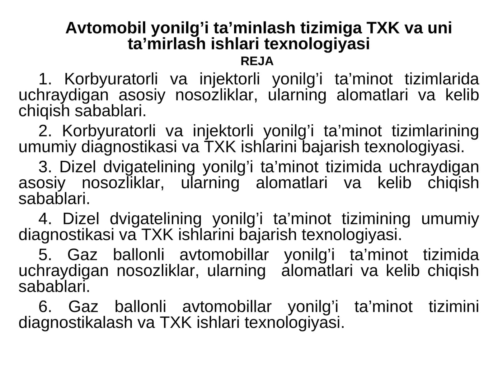 Avtomobil yonilg’i ta’minlash tizimiga TXK va uni ta’mirlash ishlari texnologiyasi 1