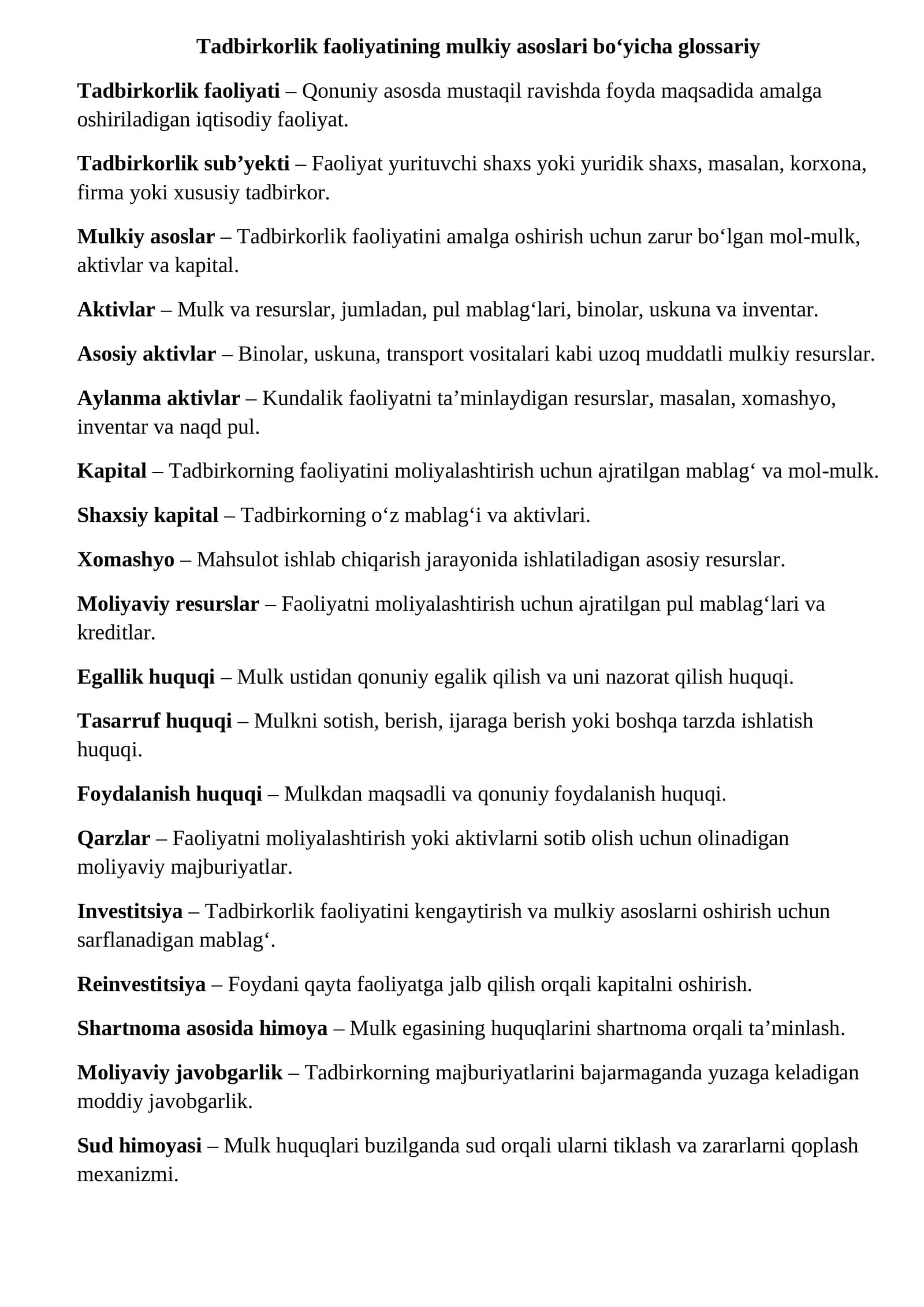 Tadbirkorlik faoliyatining mulkiy asoslari bo‘yicha glossariy 1