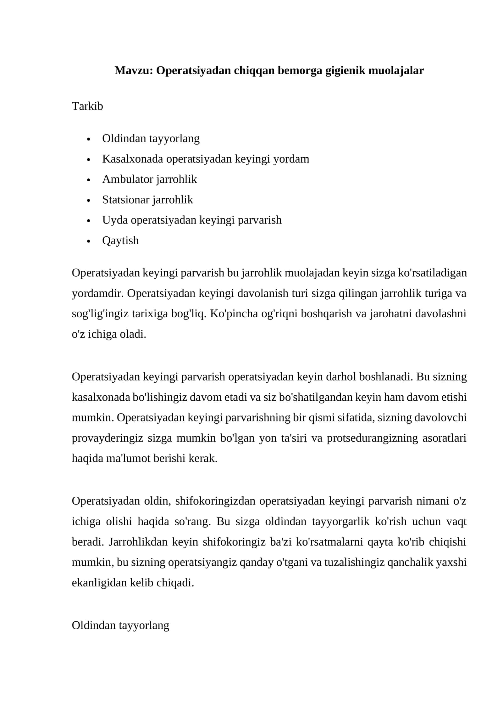 Operatsiyadan chiqqan bemorga gigienik muolajalar 1