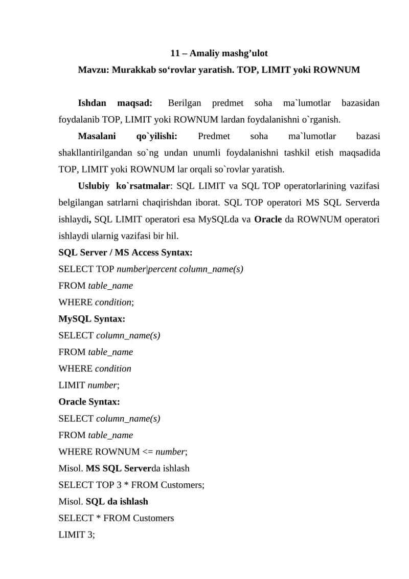 Murakkab so‘rovlar yaratish. TOP, LIMIT yoki ROWNUM 1