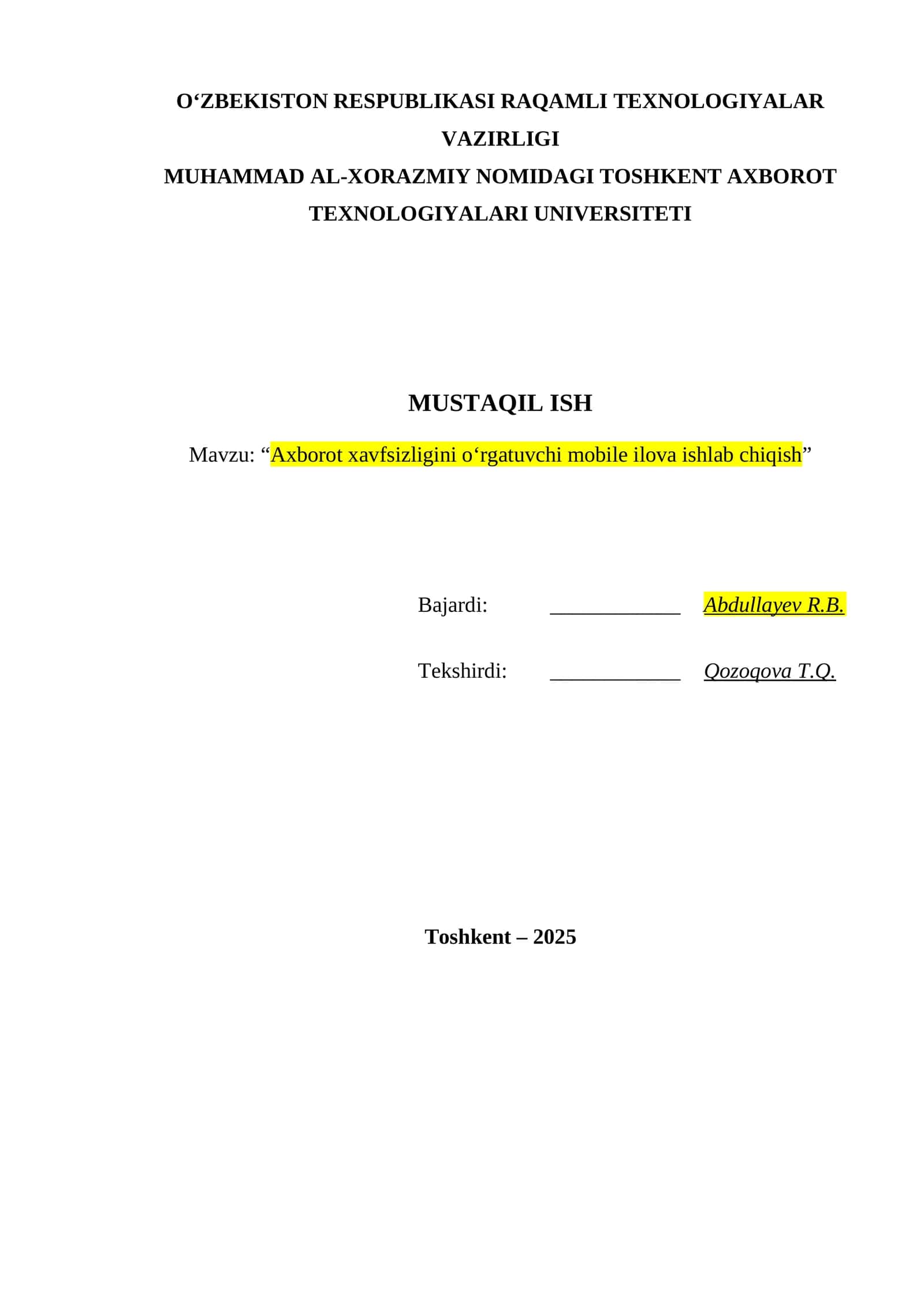 Axborot xavfsizligini o‘rgatuvchi mobile ilova ishlab chiqish 1