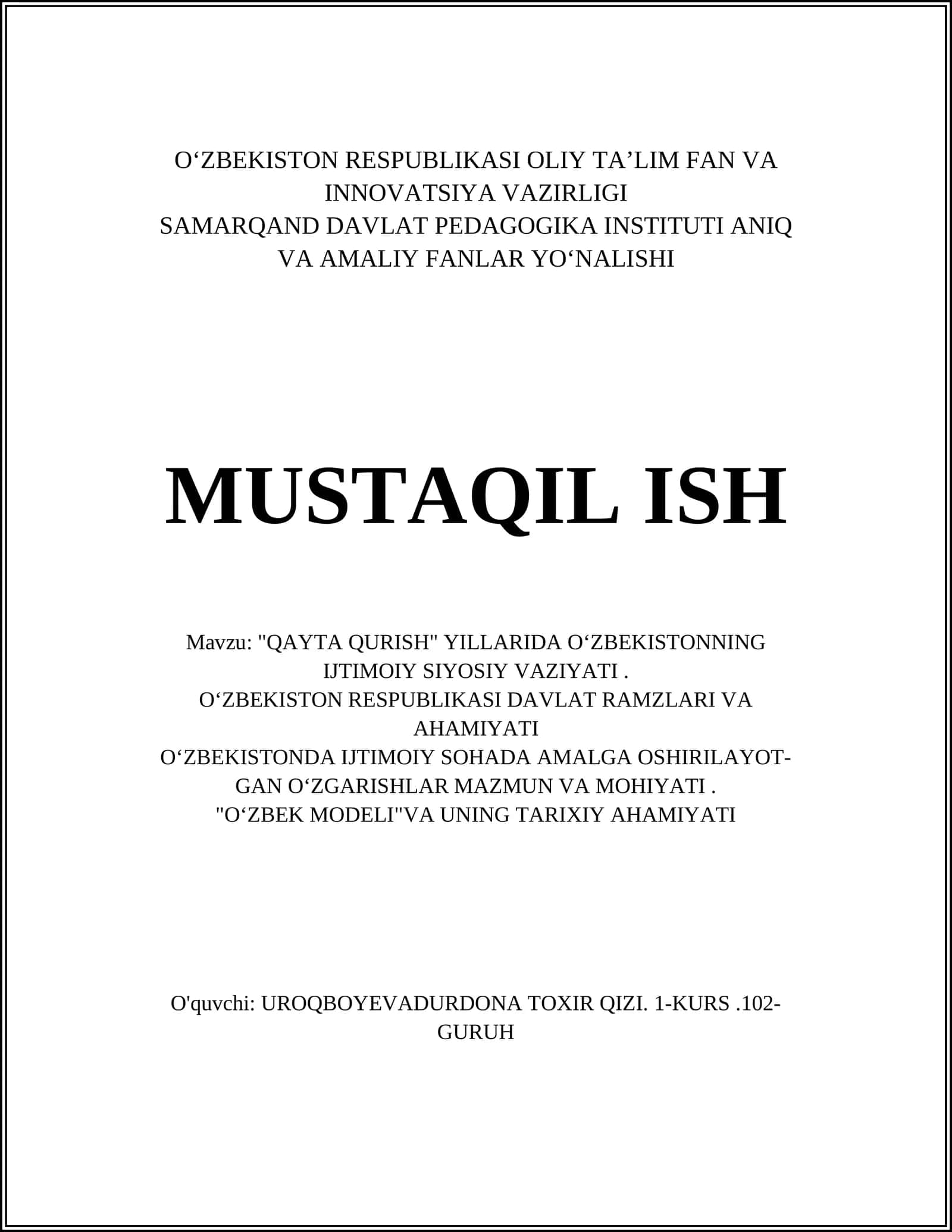 "QAYTA QURISH" YILLARIDA O‘ZBEKISTONNING IJTIMOIY SIYOSIY VAZIYATI 1