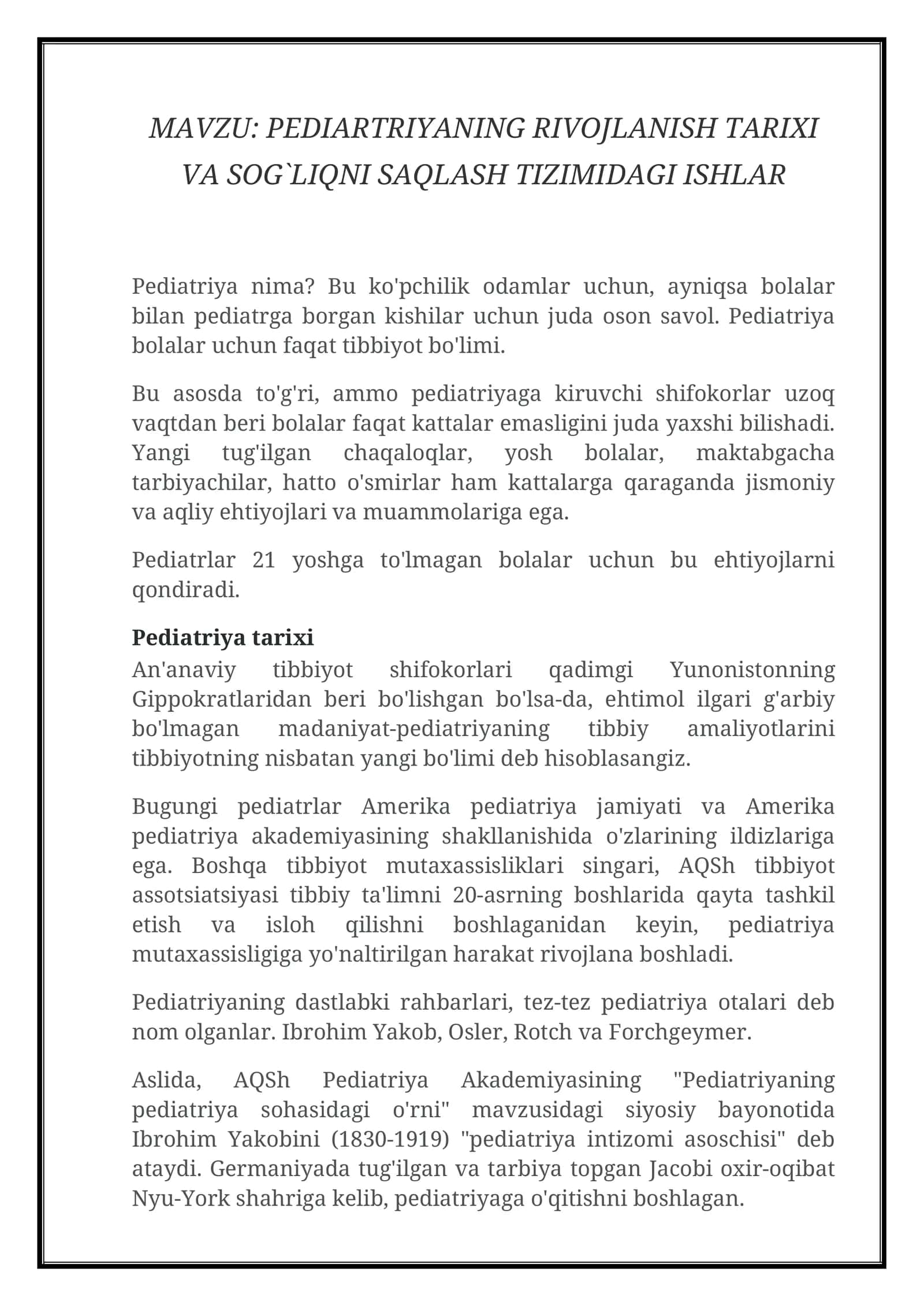 Pediatriyaning Rivojlanish Tarixi va Sog`liqni Saqlash Tizimidagi Ishlar 1