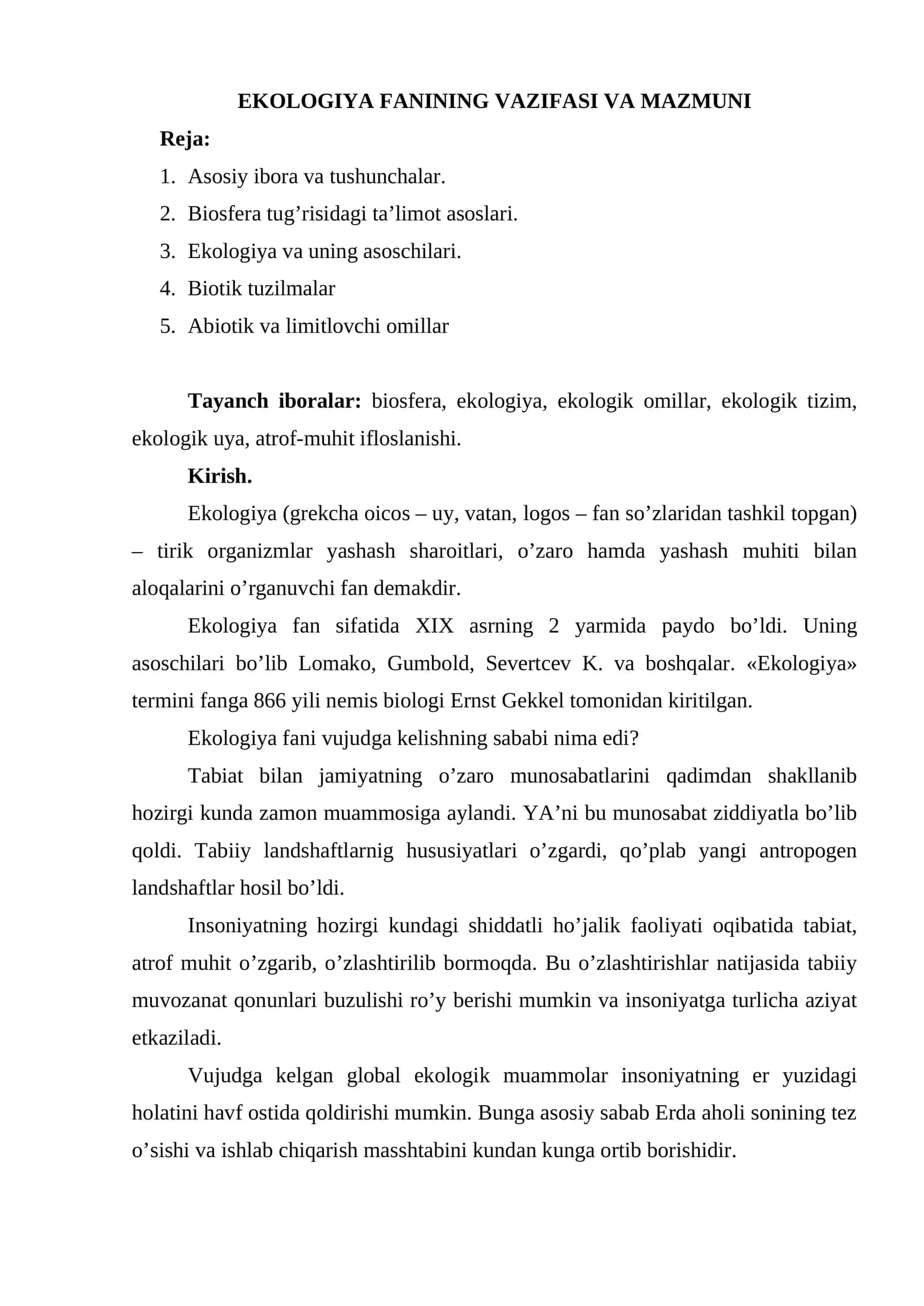 Ekologiya Fanining Vazifasi va Mazmuni 1