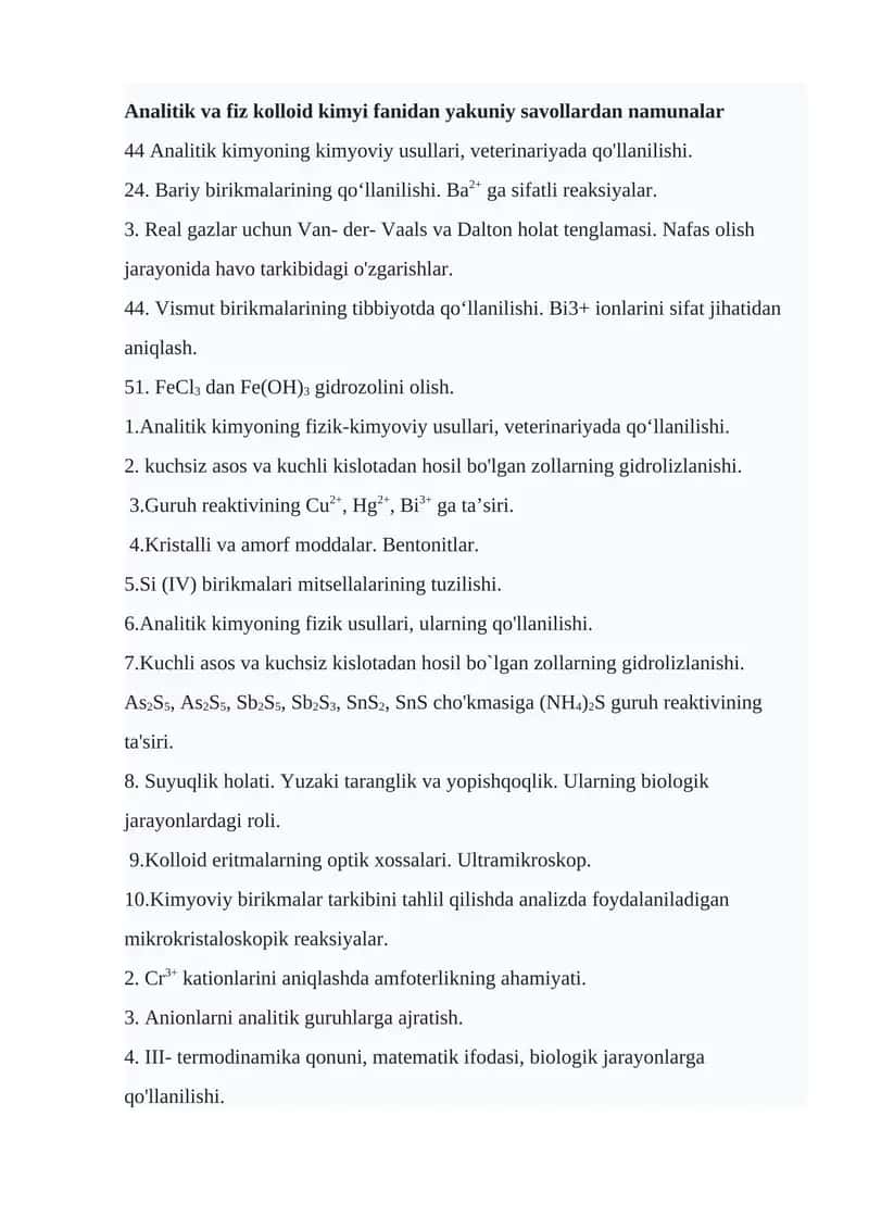 Analitik va fiz kolloid kimyi fanidan yakuniy savollardan namunalar 1