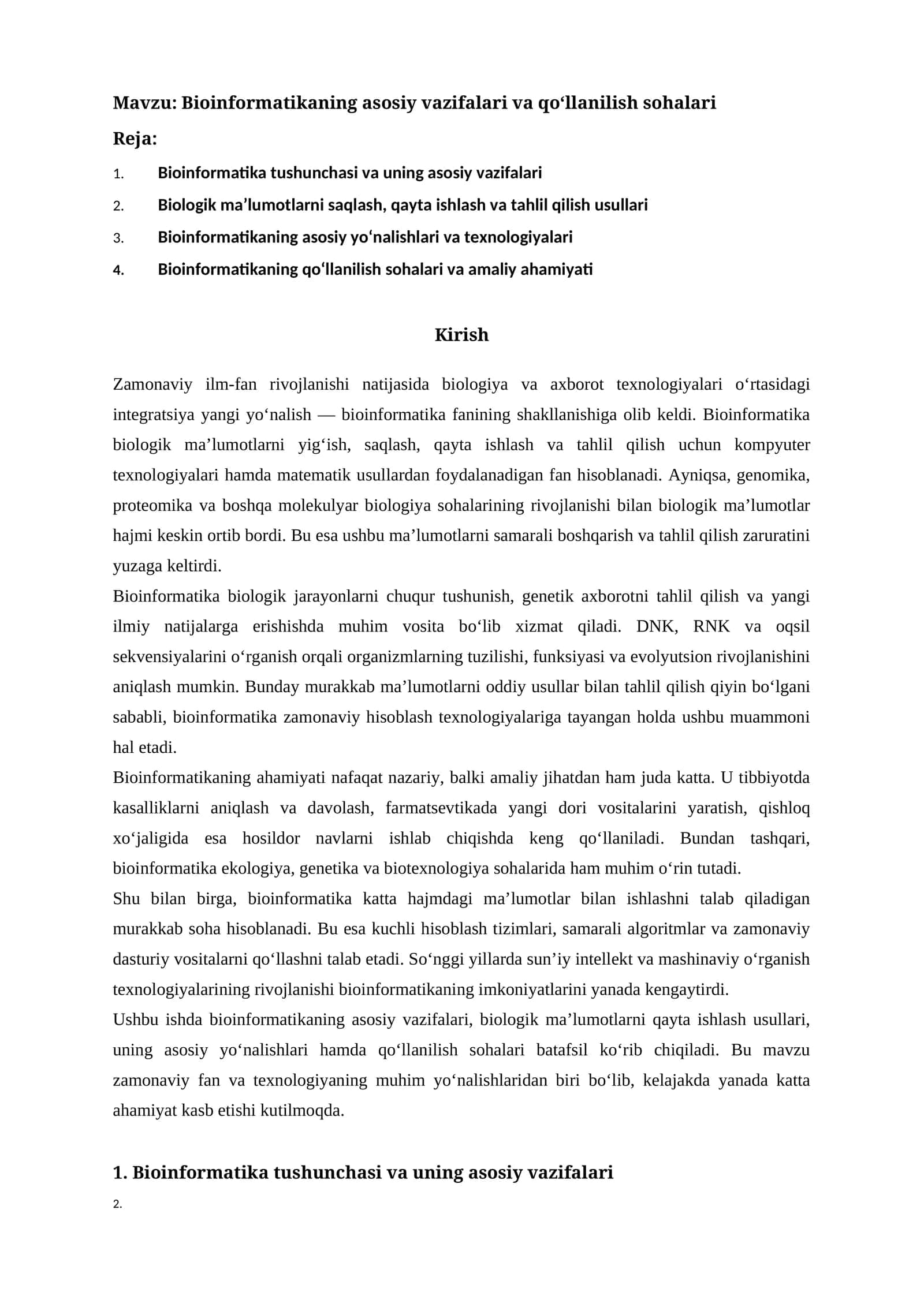 Bioinformatikaning asosiy vazifalari va qo‘llanilish sohalari 1