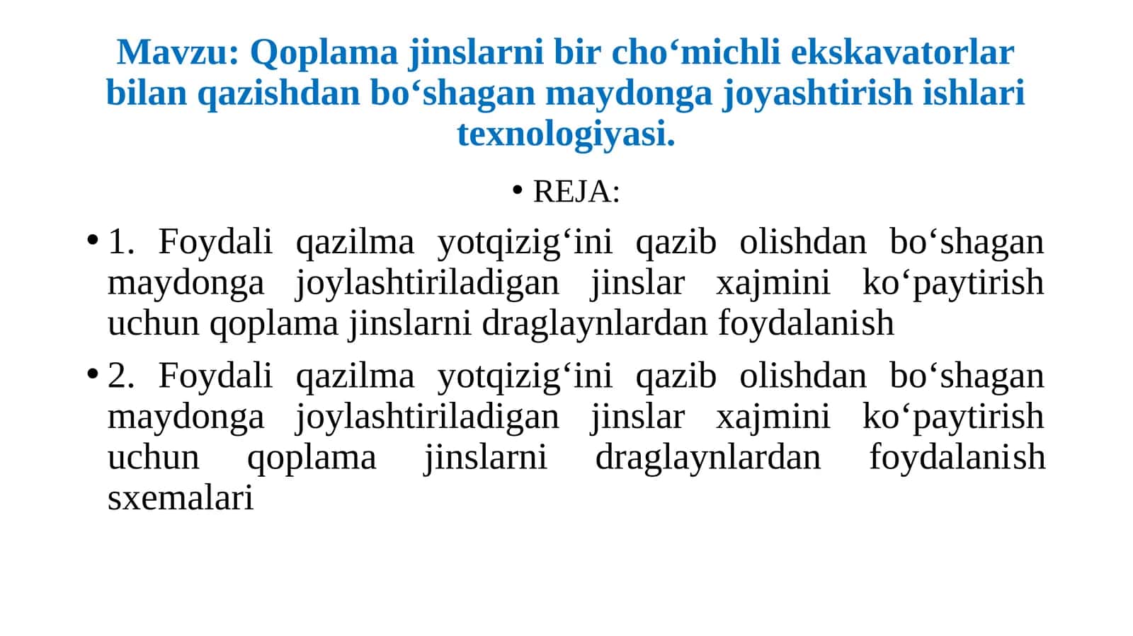 Qoplama jinslarni bir cho‘michli ekskavatorlar bilan qazishdan bo‘shagan maydonga joyashtirish ishlari texnologiyasi 1
