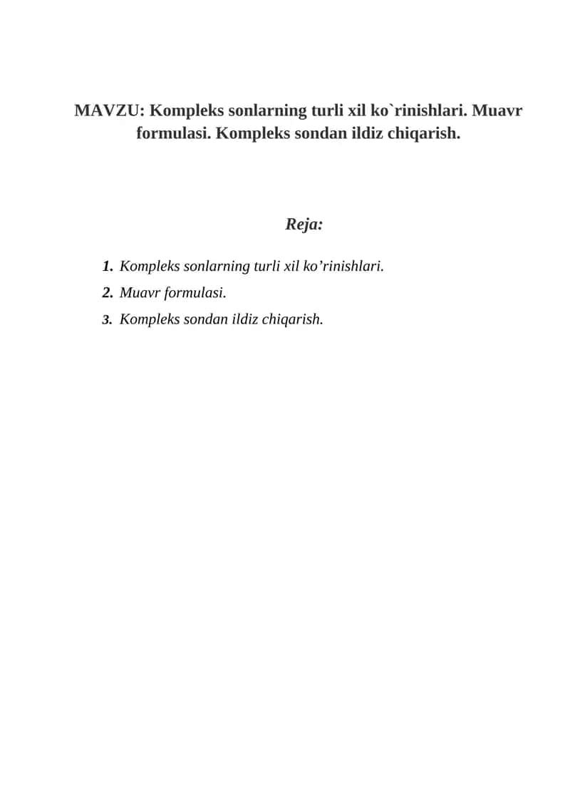 Kompleks sonlarning turli xil ko`rinishlari 1