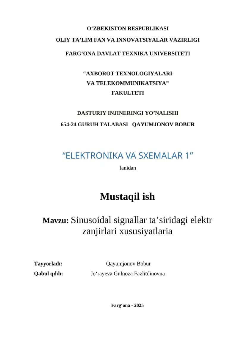 Sinusoidal signallar ta’siridagi elektr zanjirlari xususiyatlari 1