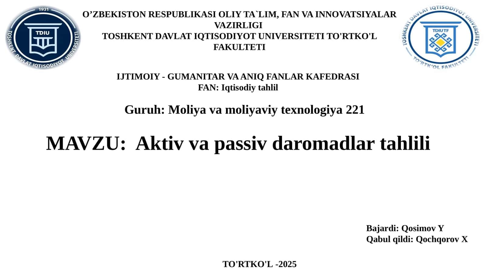 Aktiv va passiv daromadlar tahlili 1