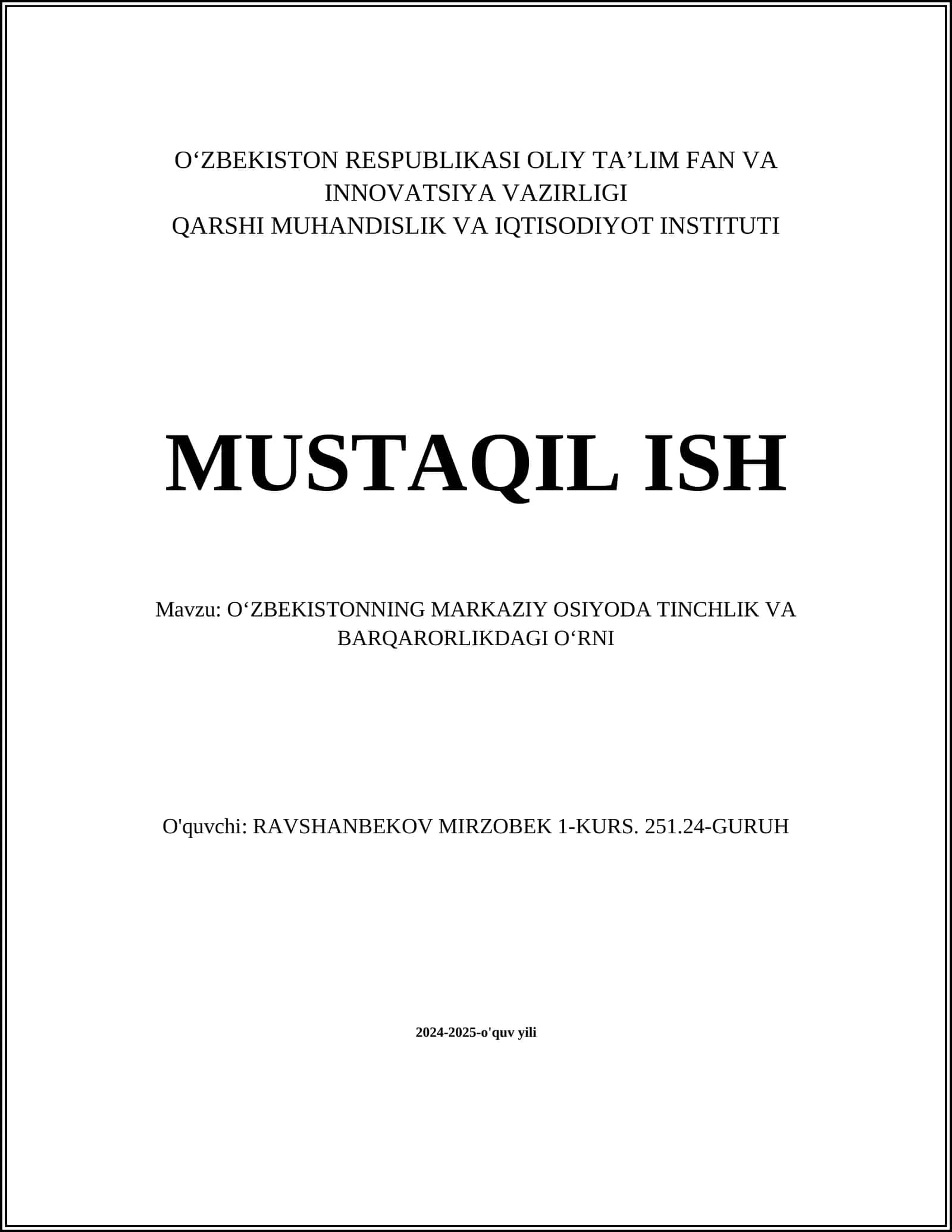 Oʻzbekistonning Markaziy Osiyoda Tinchlik va Barqarorlikdagi Oʻrni 1