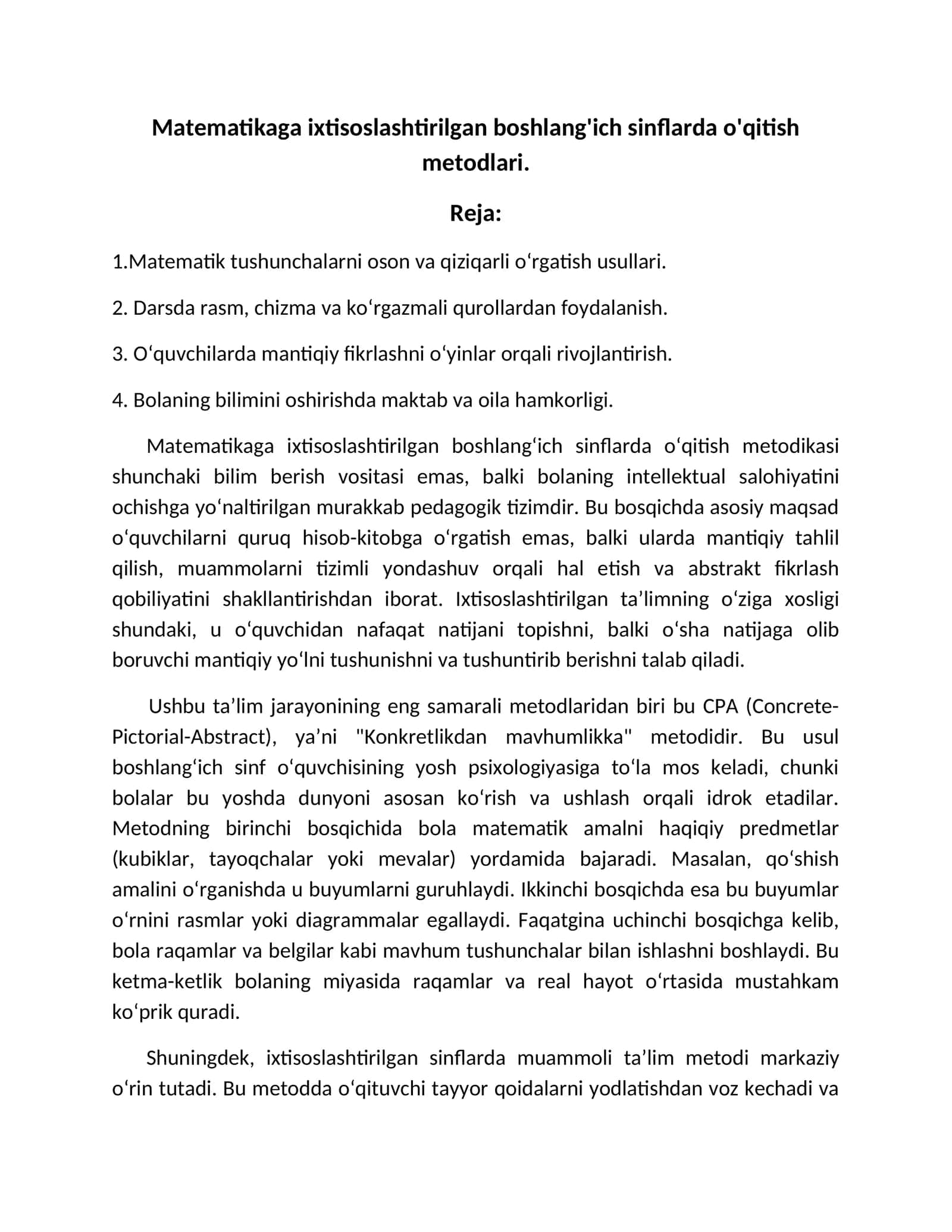 Matematikaga ixtisoslashtirilgan boshlang'ich sinflarda o'qitish metodlari 1