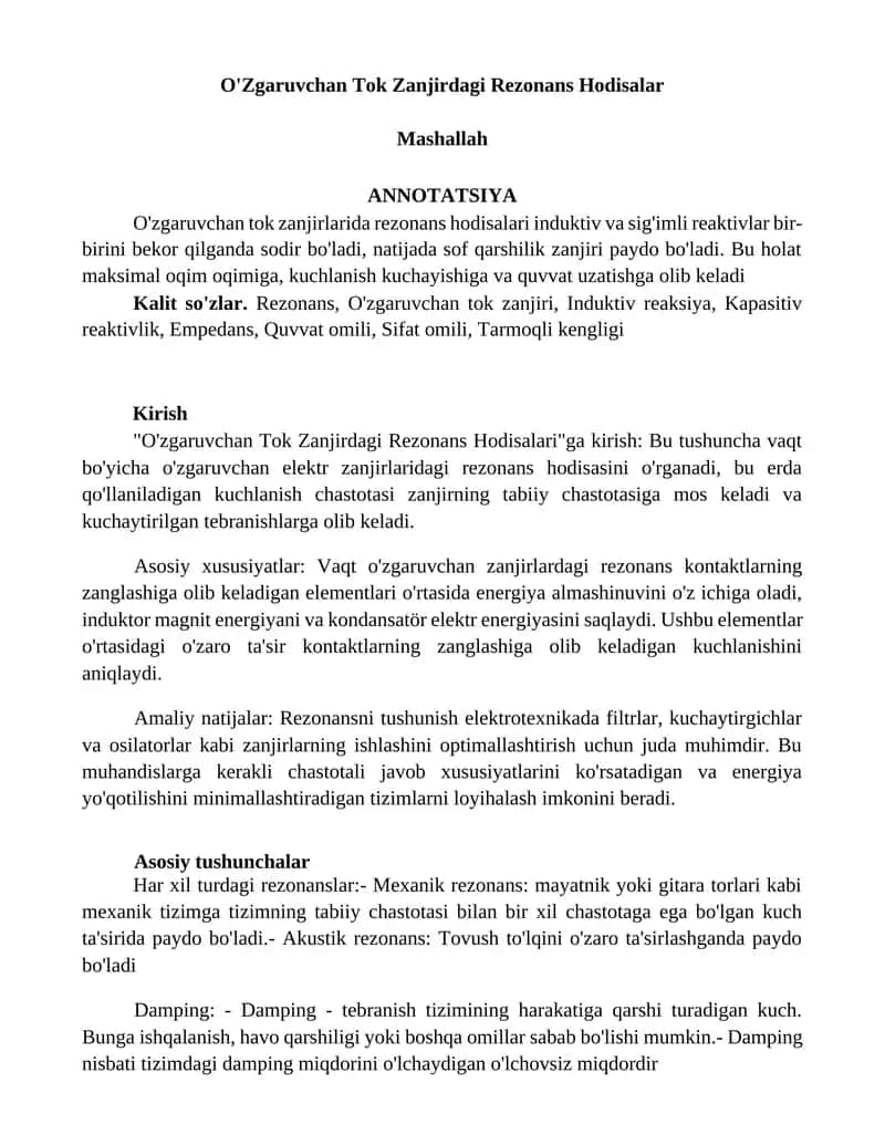 O'Zgaruvchan Tok Zanjirdagi Rezonans Hodisalar 1