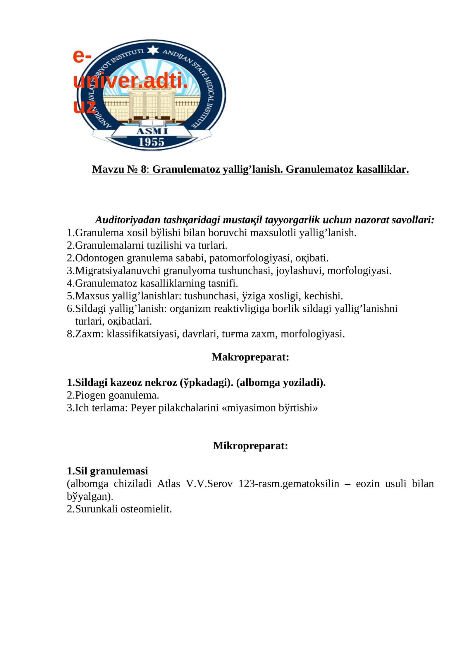 Granulematoz yallig’lanish. Granulematoz kasalliklar 1