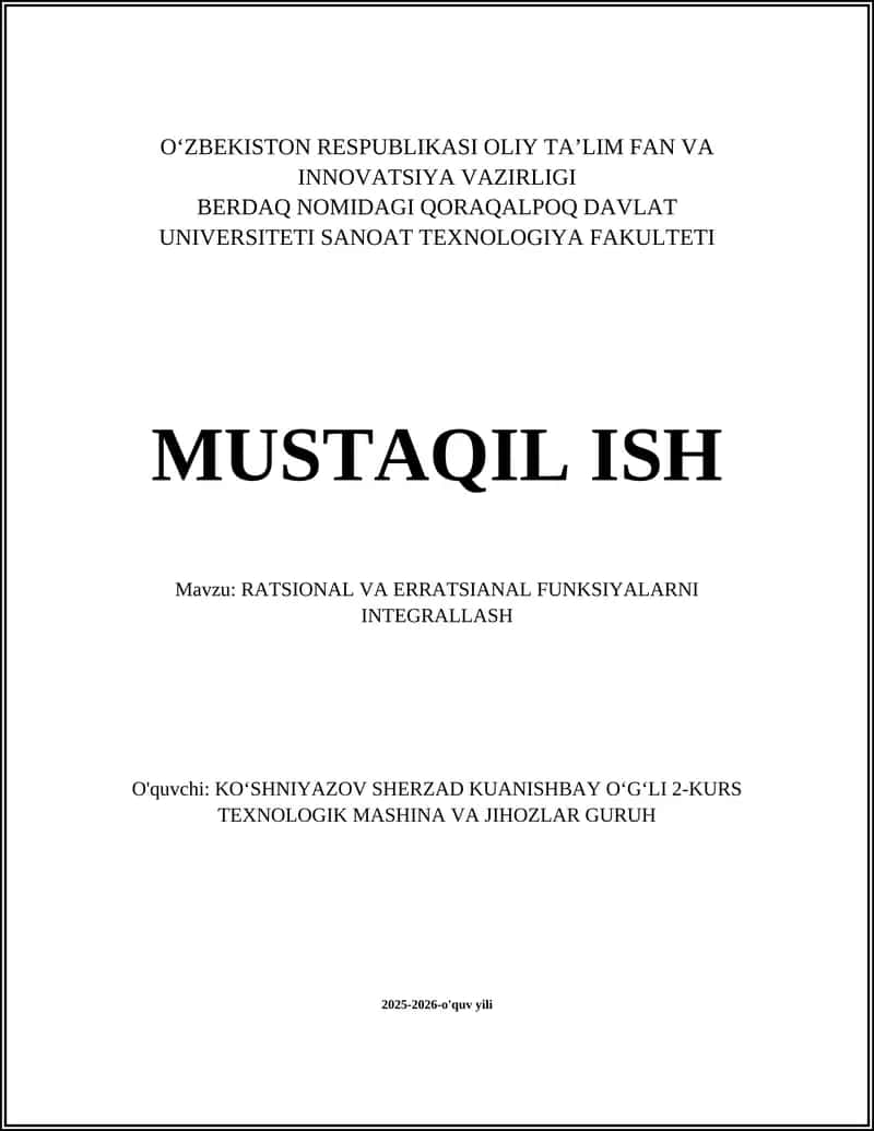 RATSIONAL VA ERRATSIANAL FUNKSIYALARNI INTEGRALLASH 1