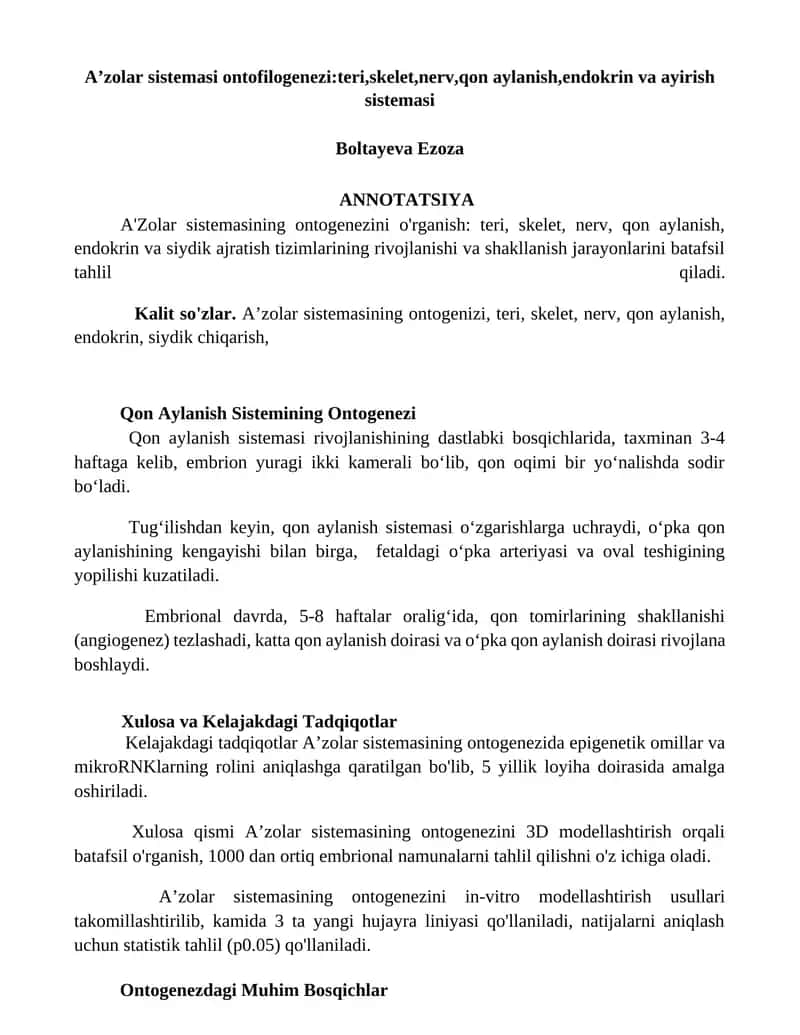 A’zolar sistemasi ontofilogenezi: teri, skelet, nerv, qon aylanish, endokrin va ayirish sistemasi 1
