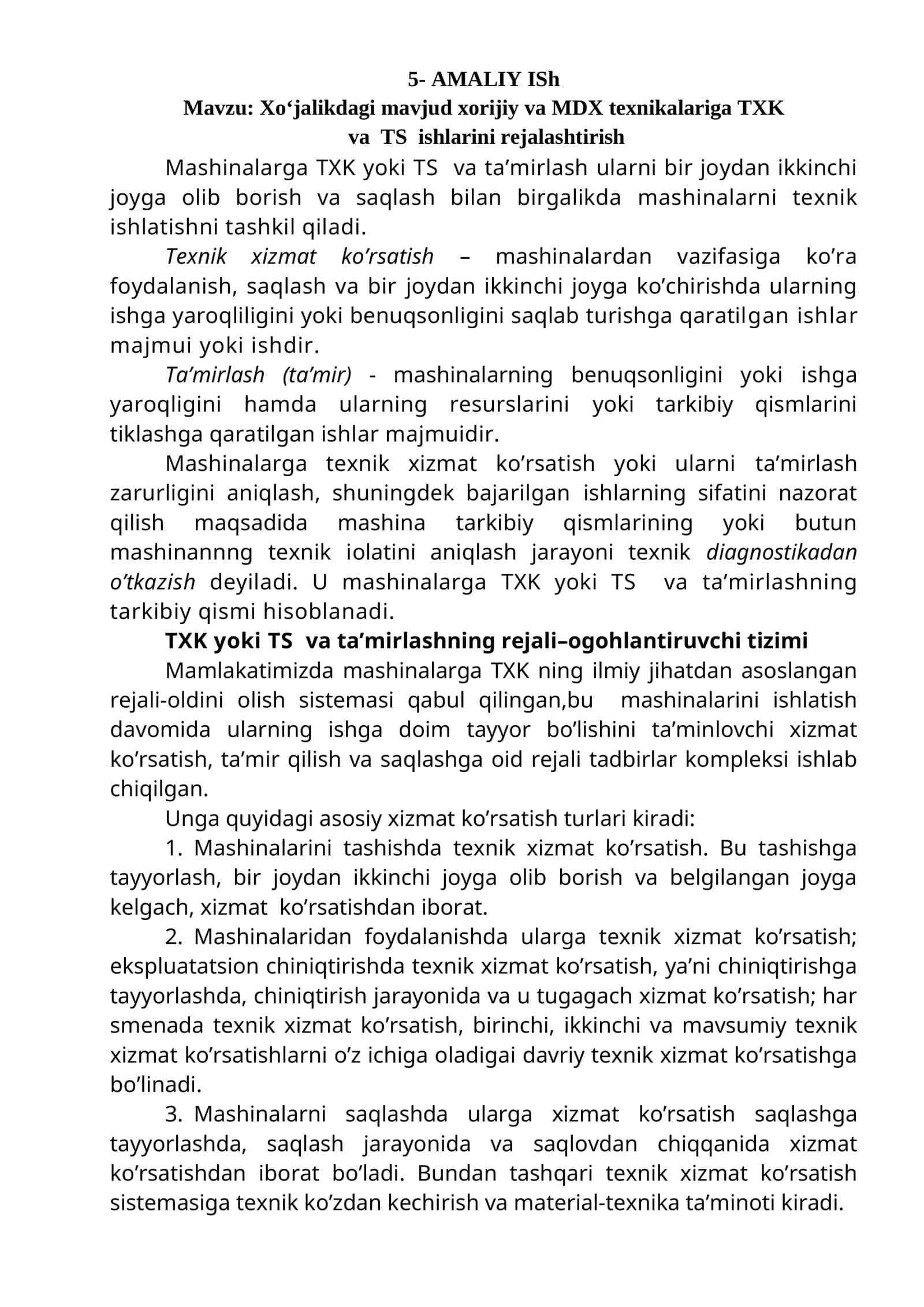 Xo‘jalikdagi mavjud xorijiy va MDX texnikalariga TXK va TS ishlarini rejalashtirish 1
