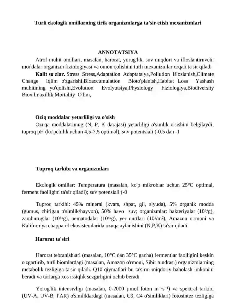Turli ekologik omillarning tirik organizmlarga taʼsir etish mexanizmlari