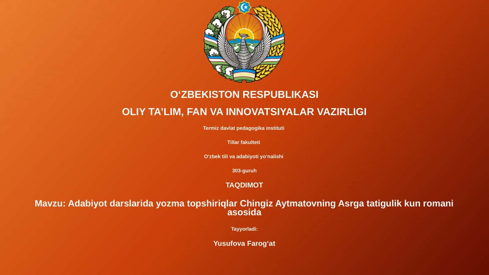 Adabiyot darslarida yozma topshiriqlar Chingiz Aytmatovning Asrga tatigulik kun romani asosida 1