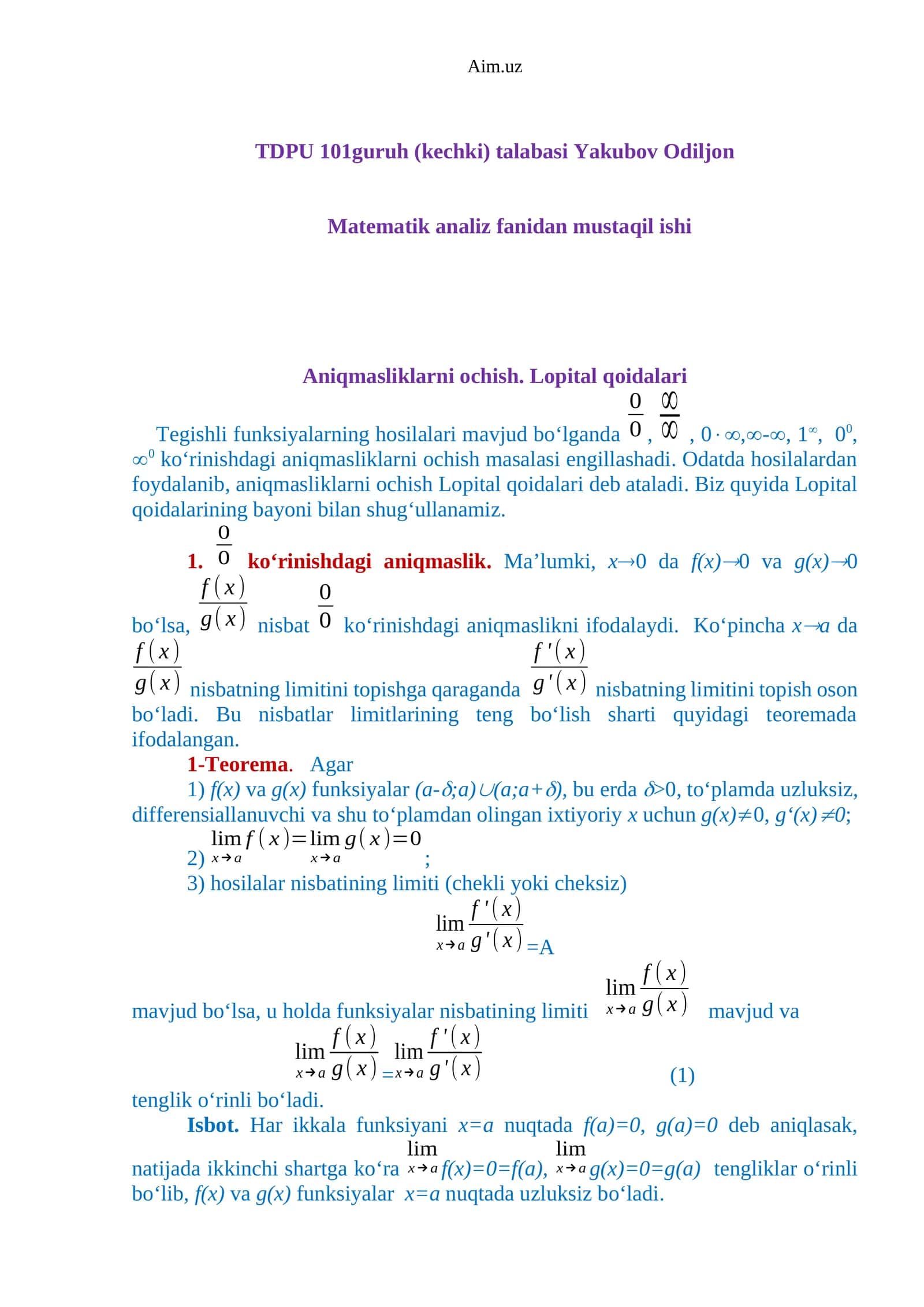 Matematik analiz fanidan mustaqil ish 1