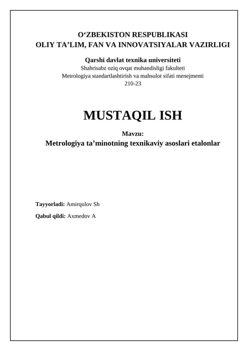Metrologiya standartlashtirish va mahsulot sifati menejmenti 1
