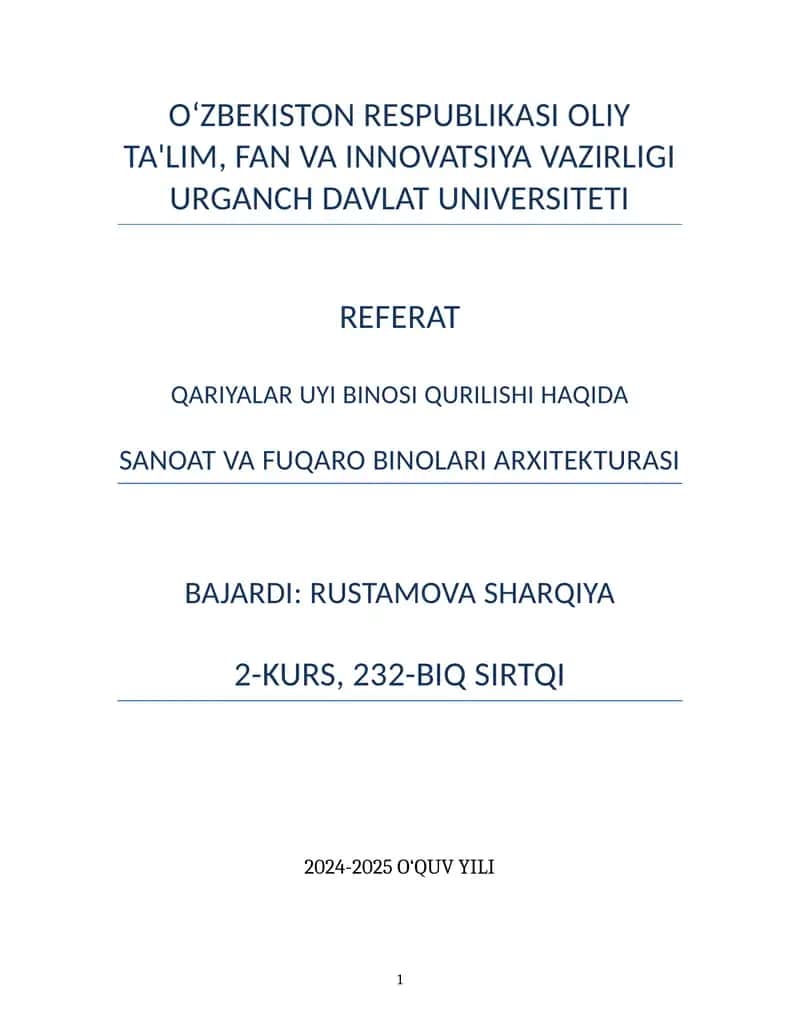 Qariyalar uyi binosi qurilishi haqida 1