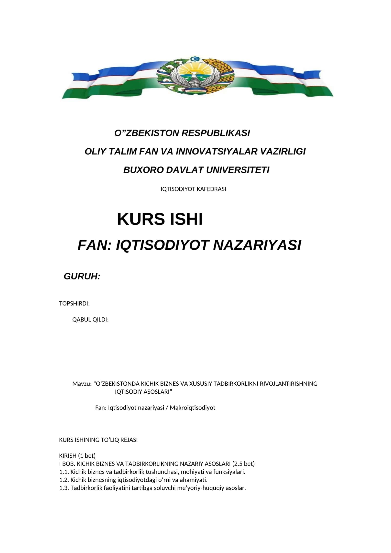 O‘ZBEKISTONDA KICHIK BIZNES VA XUSUSIY TADBIRKORLIKNI RIVOJLANTIRISHNING IQTISODIY ASOSLARI 1