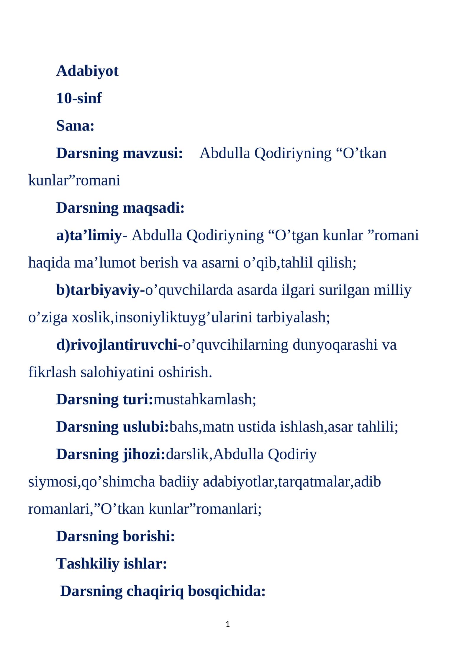 10-sinf Adabiyot Abdulla Qodiriyning O'tgan kunlar romani dars ishlanma 1
