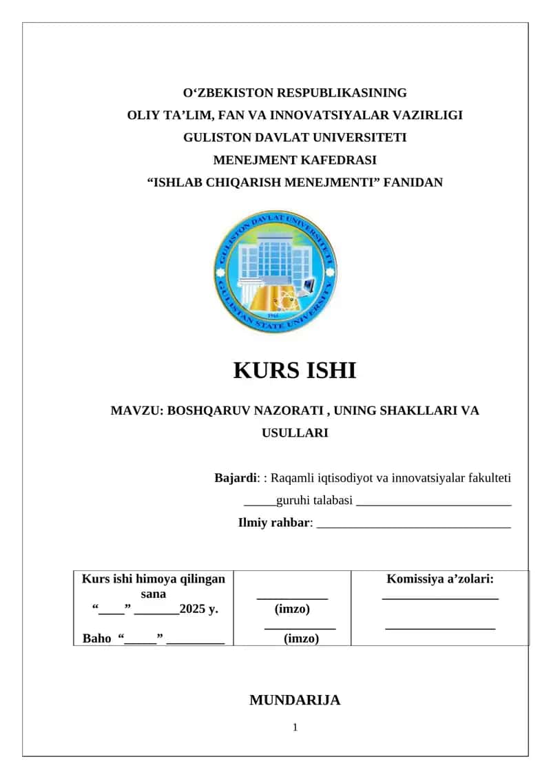 ISHLAB CHIQARISH MENEJMENTI KURS ISHI 1